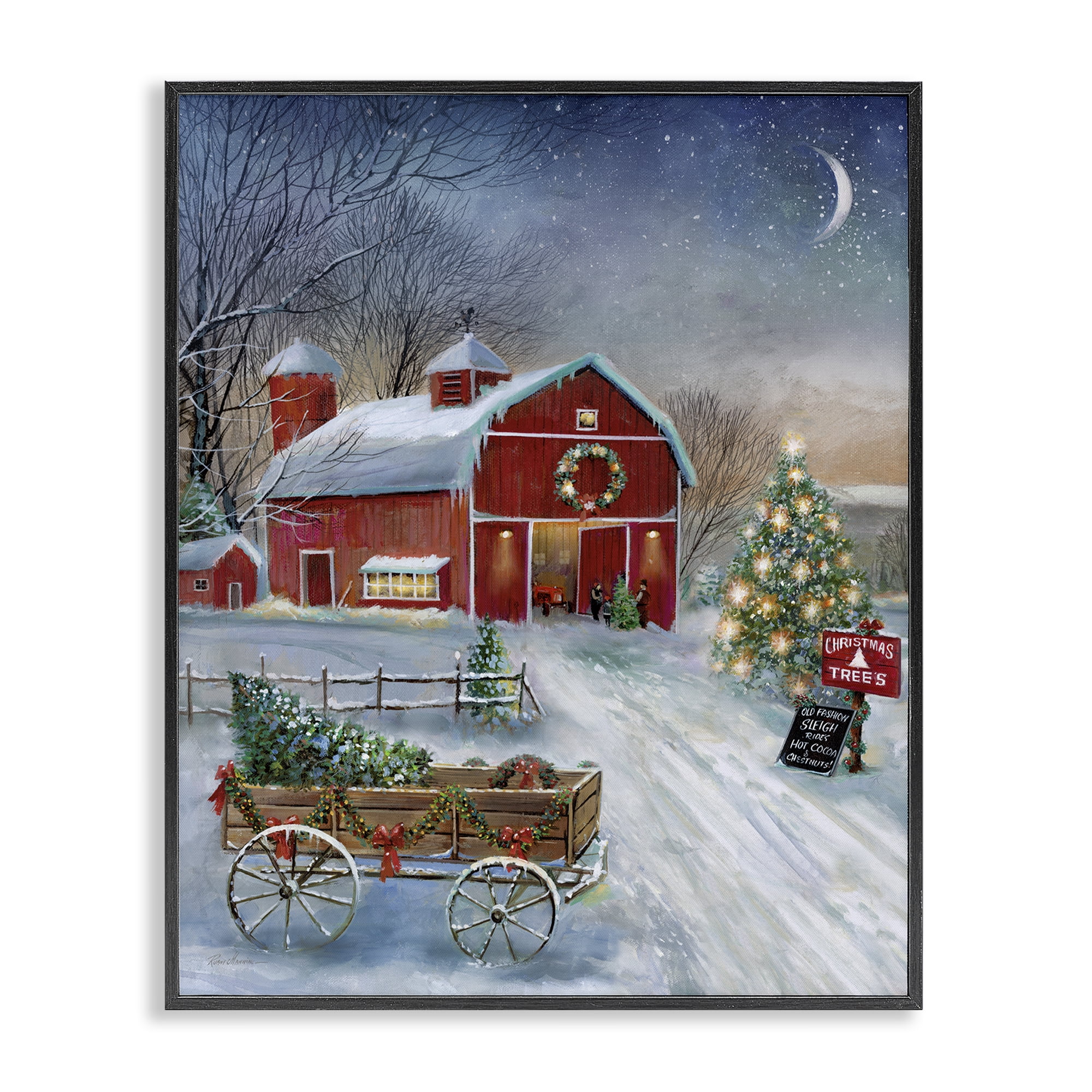 Stupell Industries Holiday Wagon & Barn Holiday Painting Black Framed Art Prints Wall Art, 24 x 30