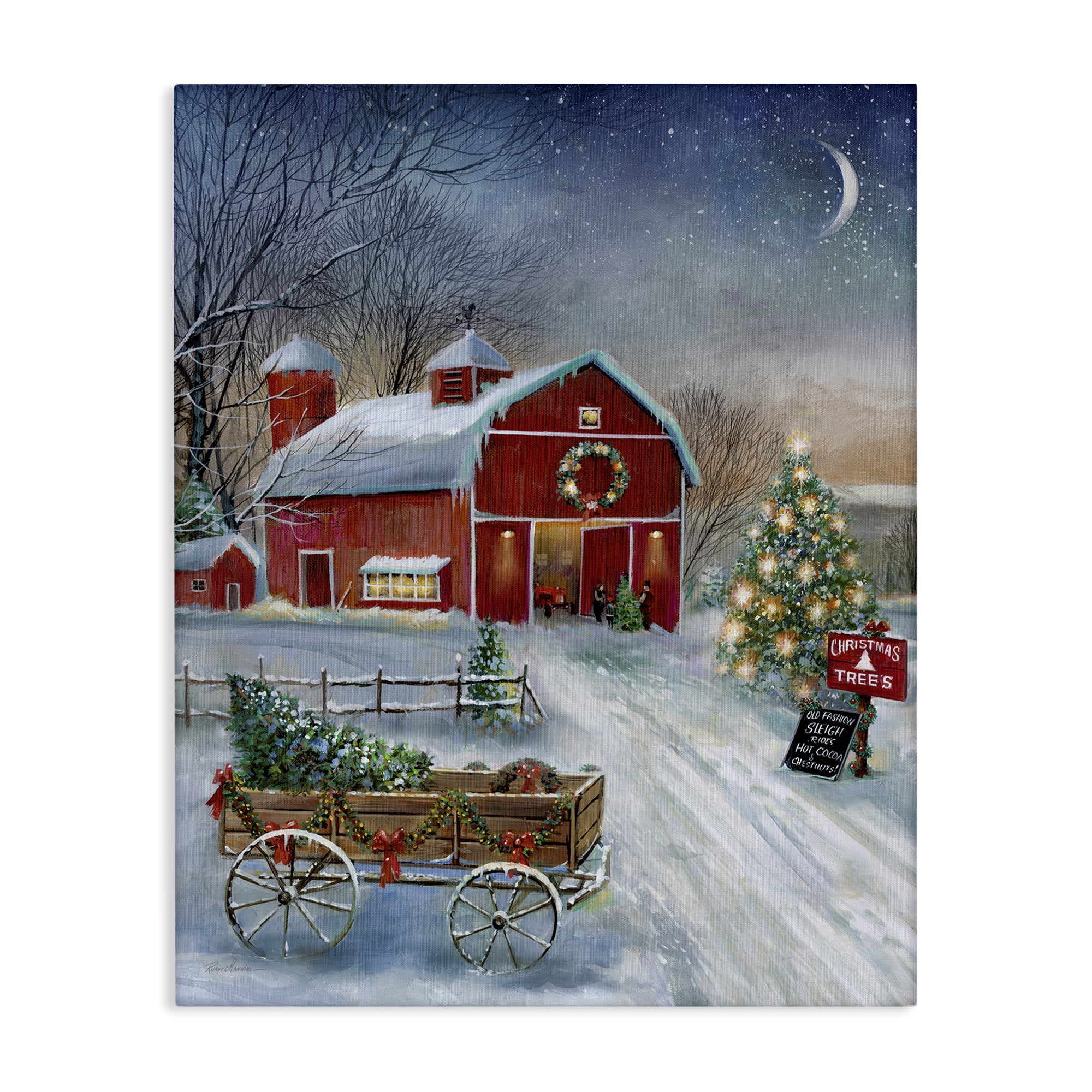 Stupell Industries Holiday Wagon & Barn Holiday Painting Gallery Wrapped Canvas Art Prints Wall Art, 16 x 20
