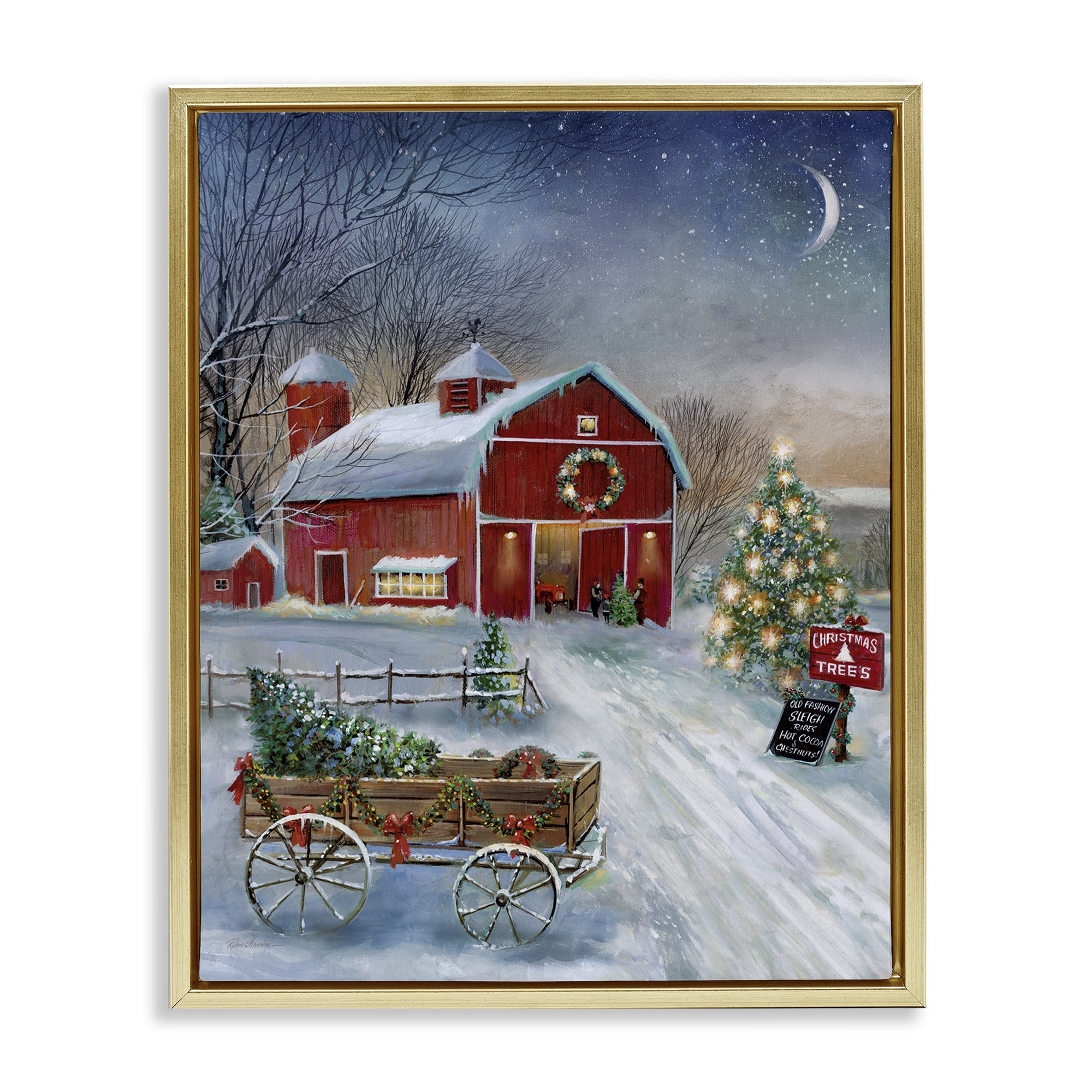 Stupell Industries Holiday Wagon & Barn Holiday Painting Gold Floater Framed Canvas Art Prints Wall Art, 25 x 31
