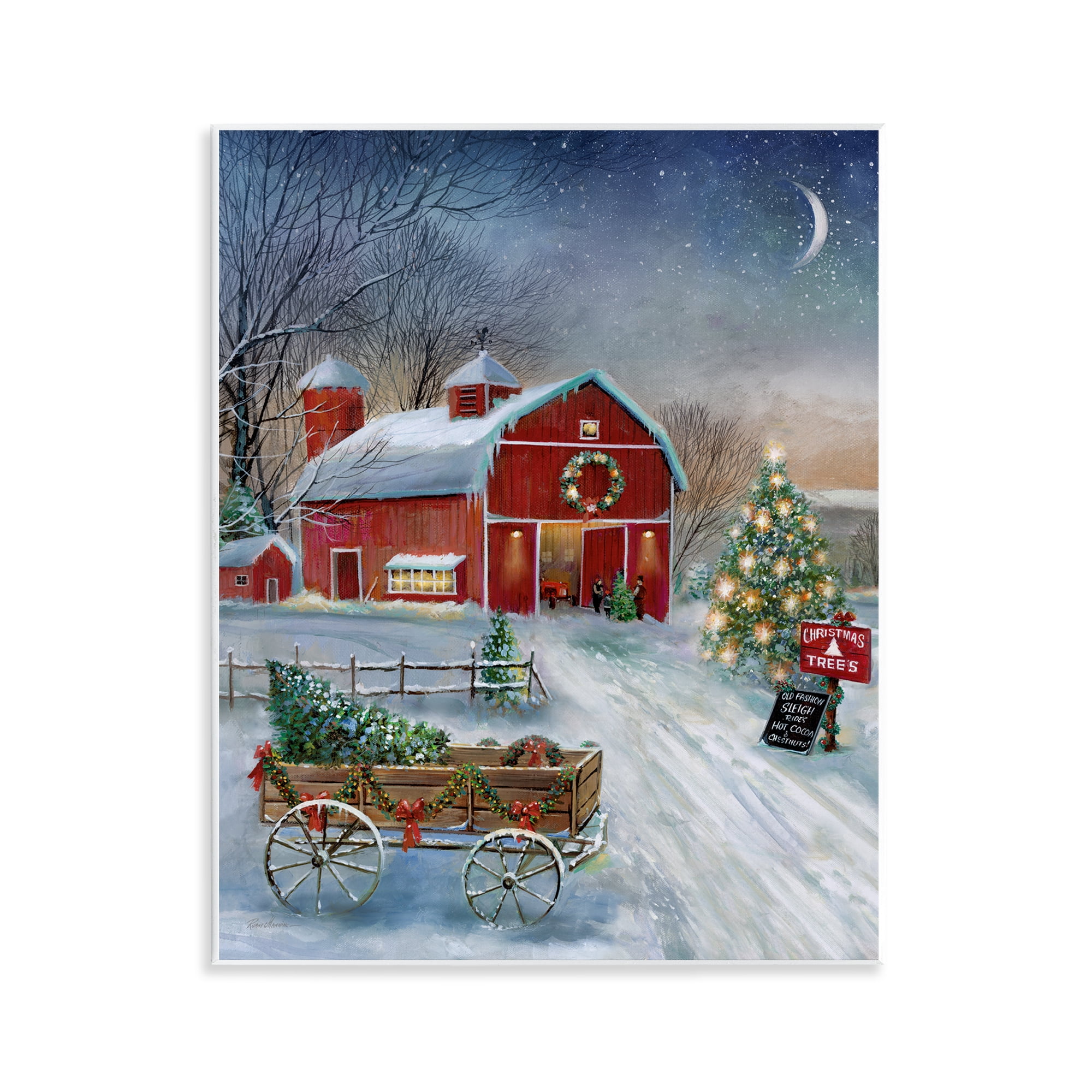 Stupell Industries Holiday Wagon & Barn Holiday Painting Unframed Art Prints Wall Art, 11 x 14