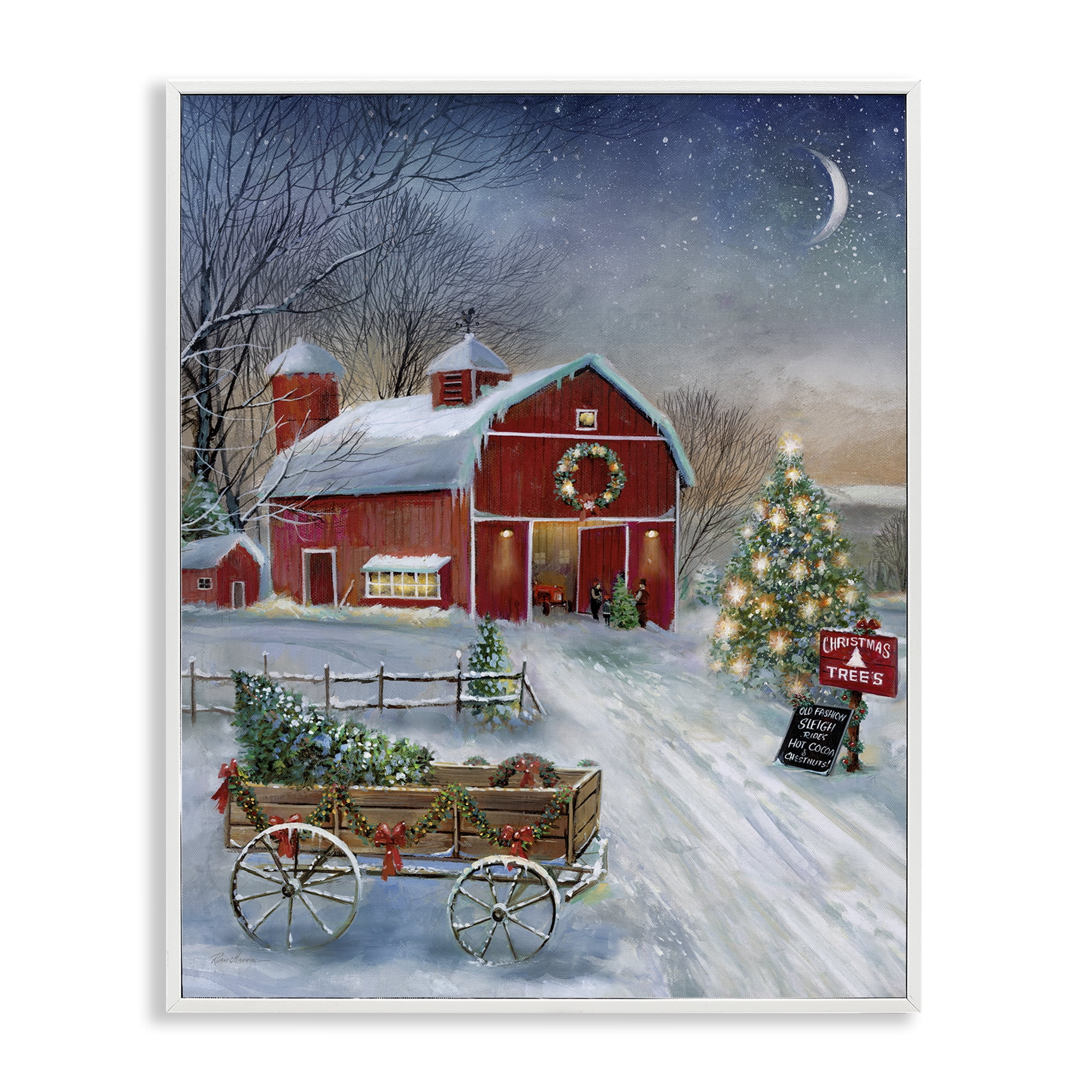 Stupell Industries Holiday Wagon & Barn Holiday Painting White Framed Art Prints Wall Art, 11 x 14