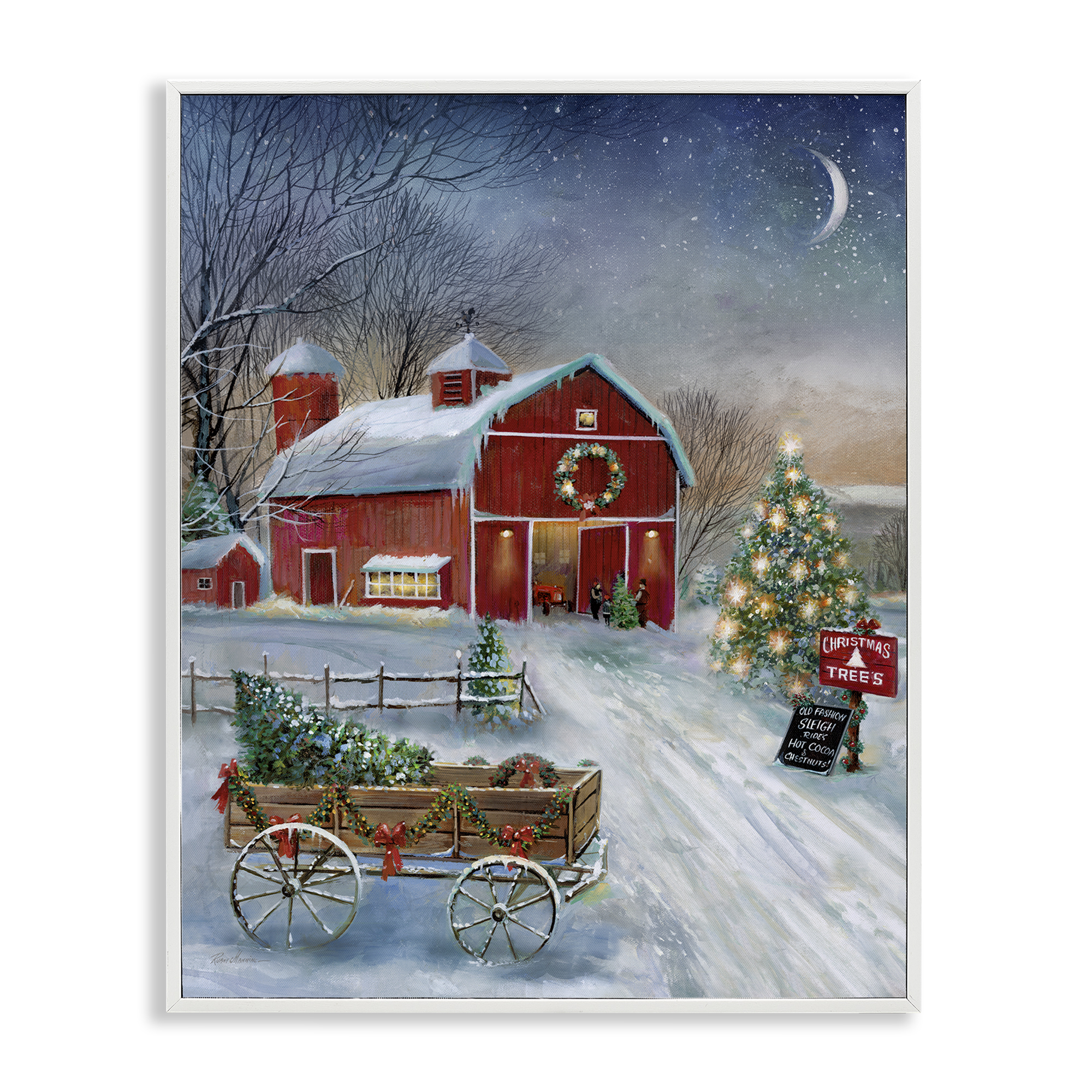 Stupell Industries Holiday Wagon & Barn Holiday Painting White Framed Art Prints Wall Art, 24 x 30