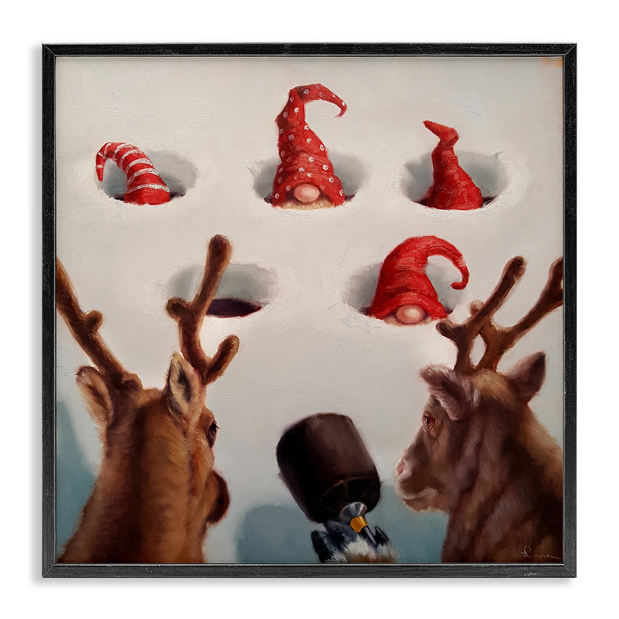 Stupell Industries Holiday Whack an Elf Humor Animals & Insects Painting Black Framed Art Print Wall Art, 24 x 24