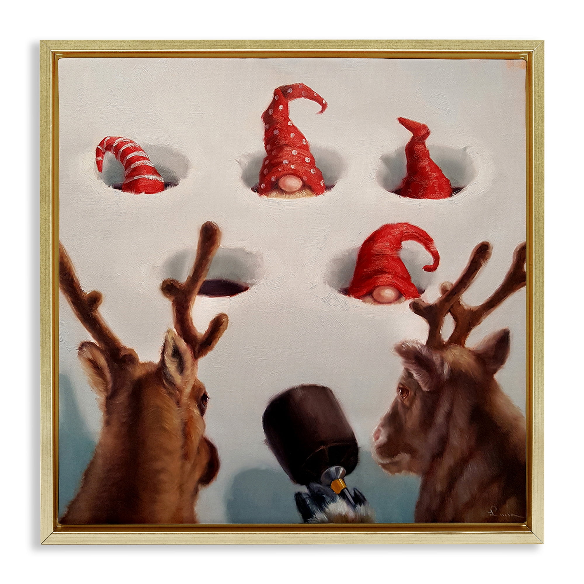 Stupell Industries Holiday Whack an Elf Humor Animals & Insects Painting Gold Floater Framed Canvas Art Print Wall Art, 25 x 25