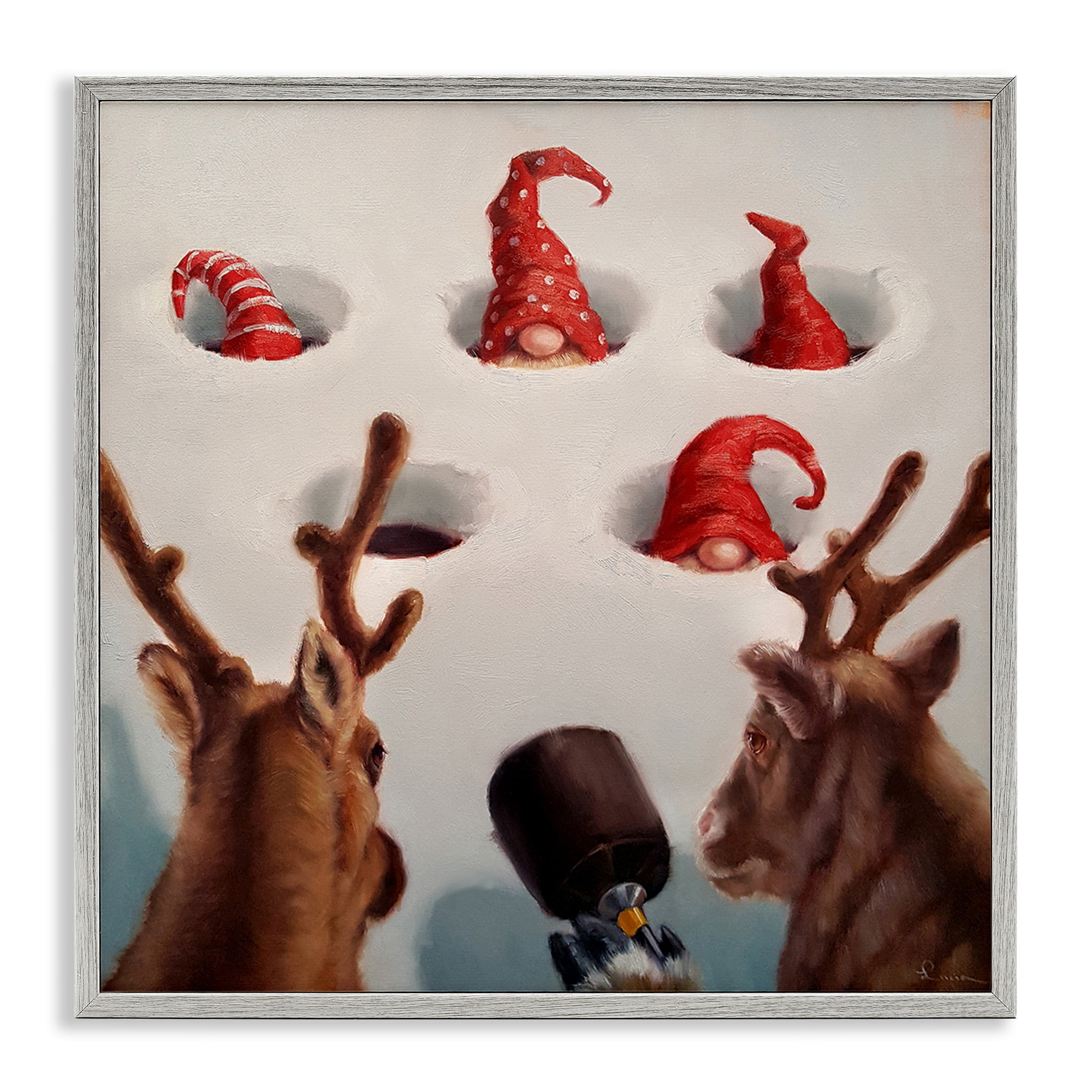 Stupell Industries Holiday Whack an Elf Humor Animals & Insects Painting Gray Framed Art Print Wall Art, 24 x 24