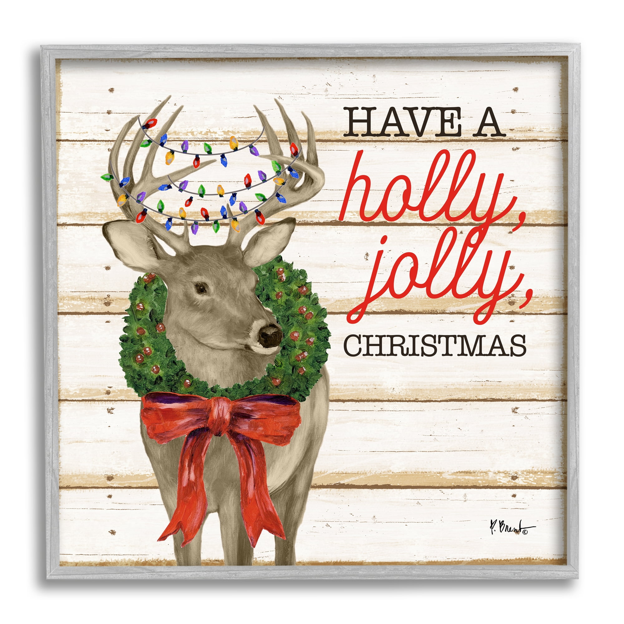 Stupell Industries Holly Jolly Christmas Deer Holiday Painting Gray Framed Art Print Wall Art, 24 x 24