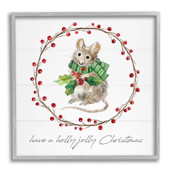 Stupell Industries Holly Jolly Christmas Mouse Graphic Art Gray Framed Art Print Wall Art, Design by Livi Finn