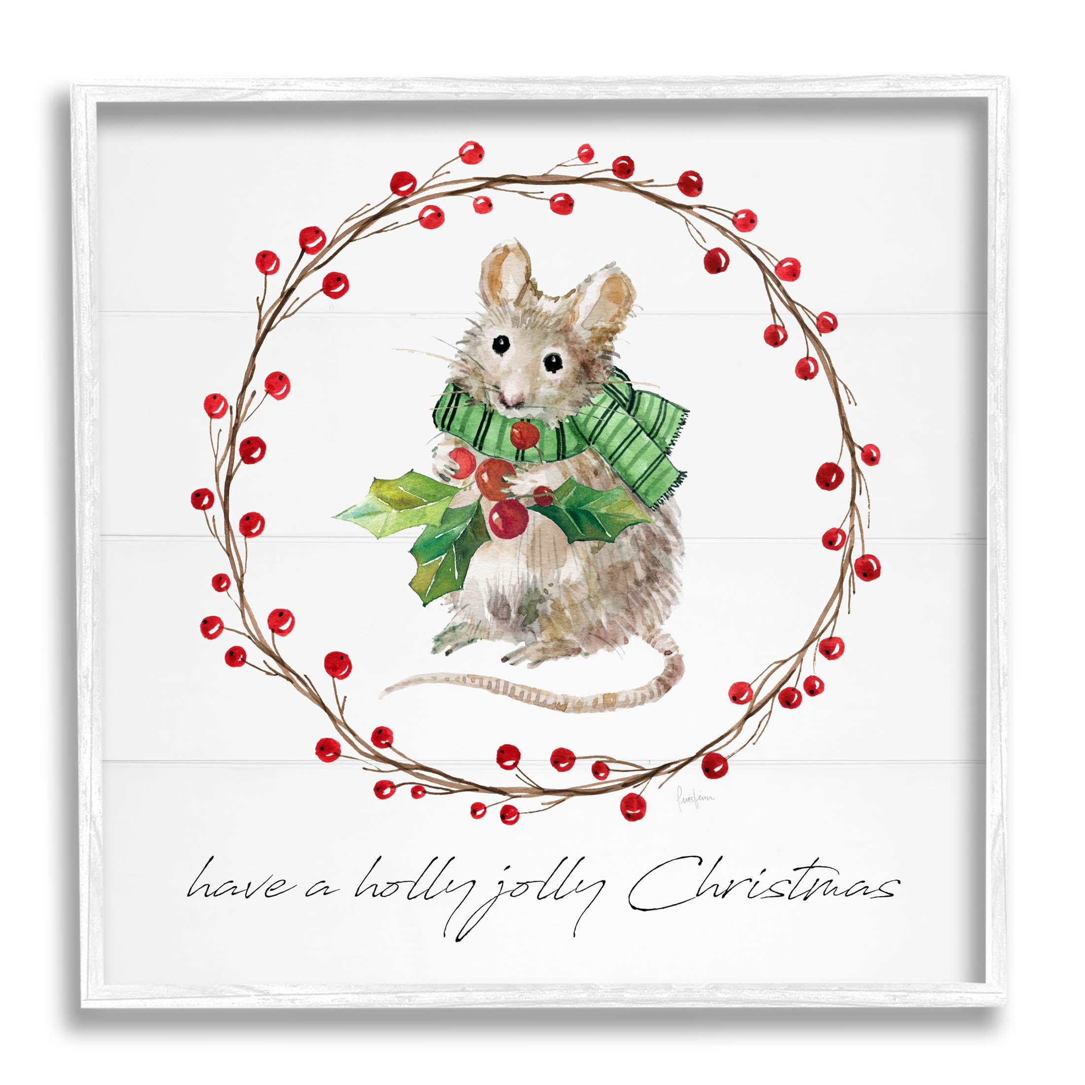 Stupell Industries Holly Jolly Christmas Mouse Graphic Art White Framed Art Print Wall Art, Design by Livi Finn