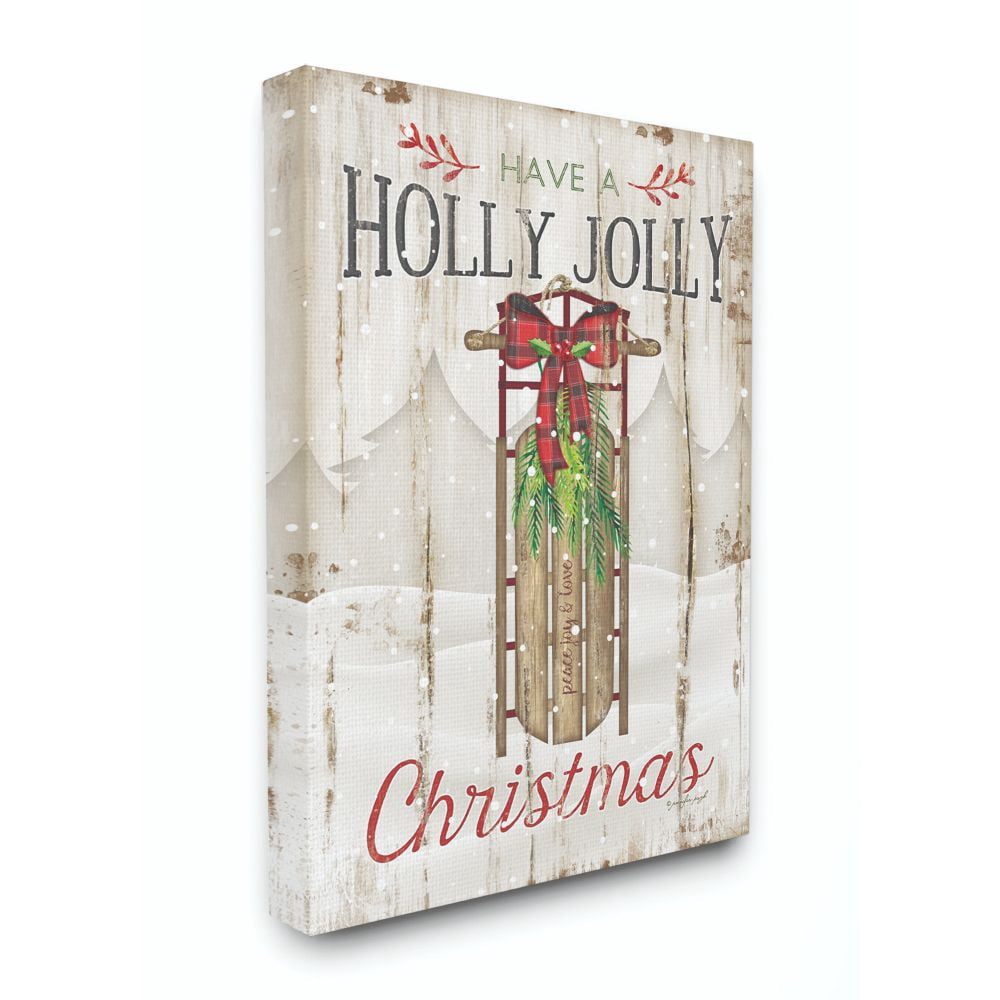 Stupell Industries Holly Jolly Christmas Sleigh Wood Texture Holiday Word DesignCanvas Wall Art By Artist Jennifer Pugh