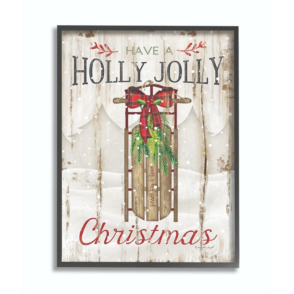 Stupell Industries Holly Jolly Christmas Sleigh Wood Texture Holiday Word DesignFramed Wall Art By Artist Jennifer Pugh