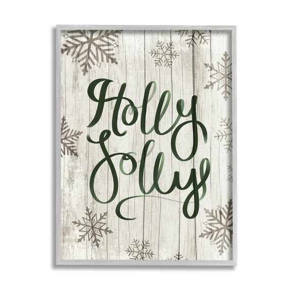 Stupell Industries Holly Jolly Festive Cursive Typography Winter Rustic Snowflakes Holiday Painting Gray Framed Art Print Wall Art, 11 x 14
