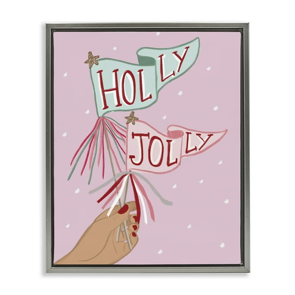 Stupell Industries - Holly Jolly Festive Flags Gray Floating Frame Canvas Art, 25 x 31, Made In USA