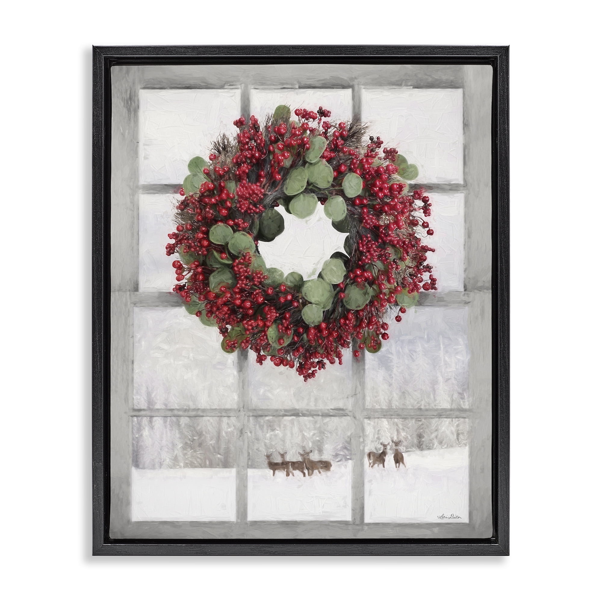 Stupell Industries Holly Wreath & Reindeer Holiday Painting Black Floater Framed Art Print Wall Art, 17 x 21