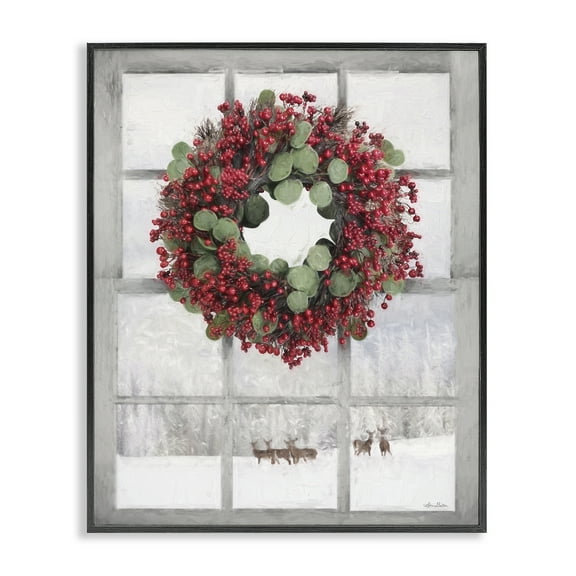 Stupell Industries Holly Wreath & Reindeer Holiday Painting Black Framed Art Print Wall Art, 11 x 14