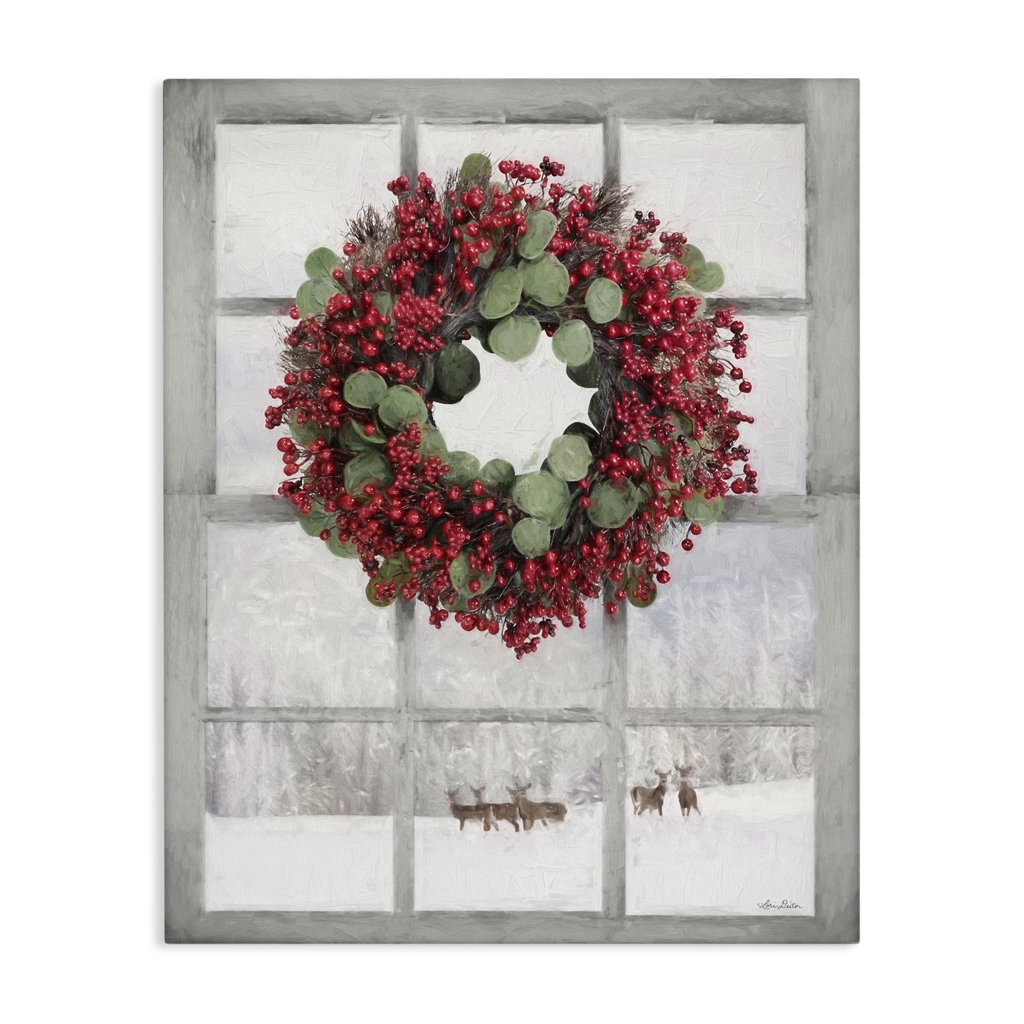 Stupell Industries Holly Wreath & Reindeer Holiday Painting Gallery Wrapped Canvas Art Print Wall Art, 30 x 40