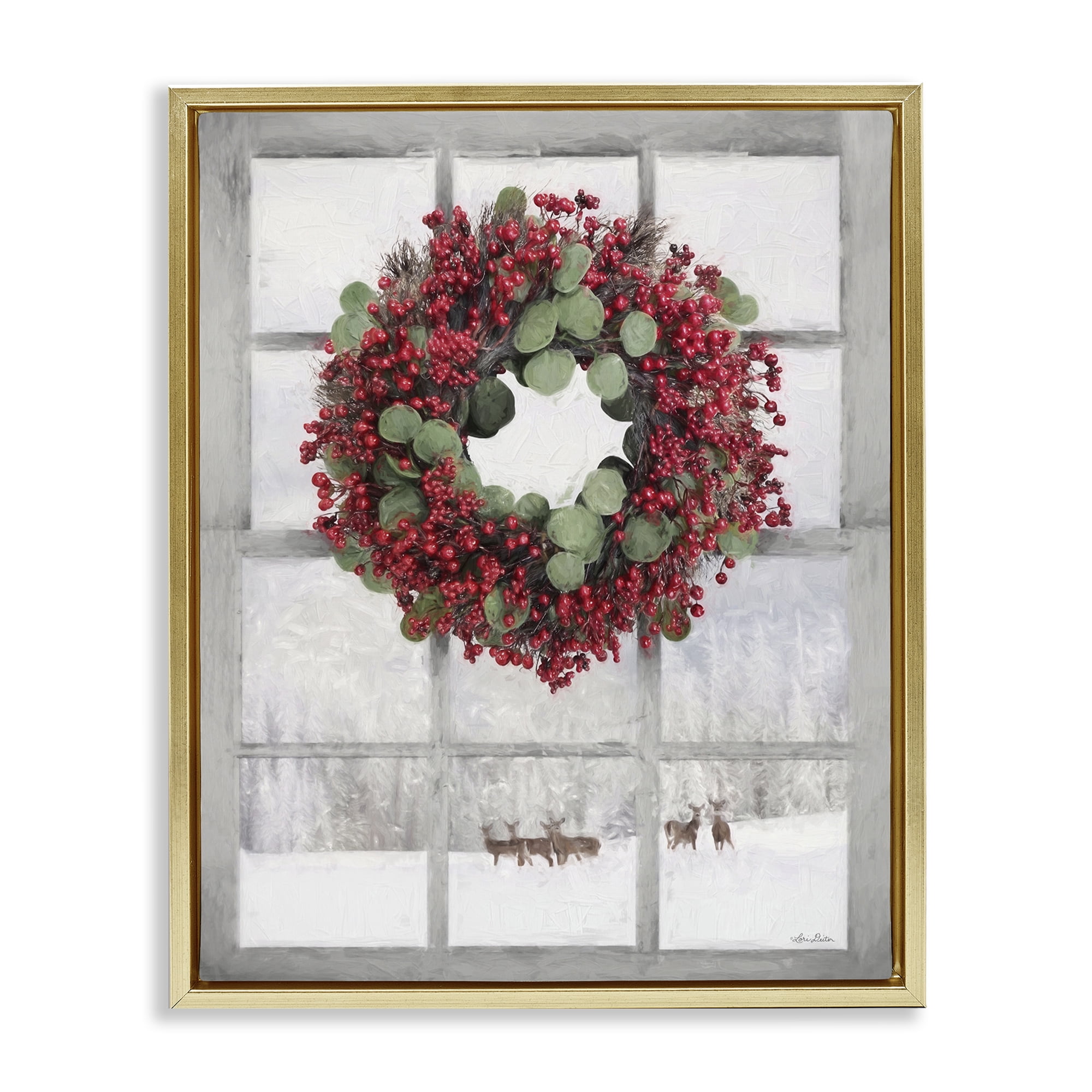Stupell Industries Holly Wreath & Reindeer Holiday Painting Gold Floater Framed Art Print Wall Art, 25 x 31
