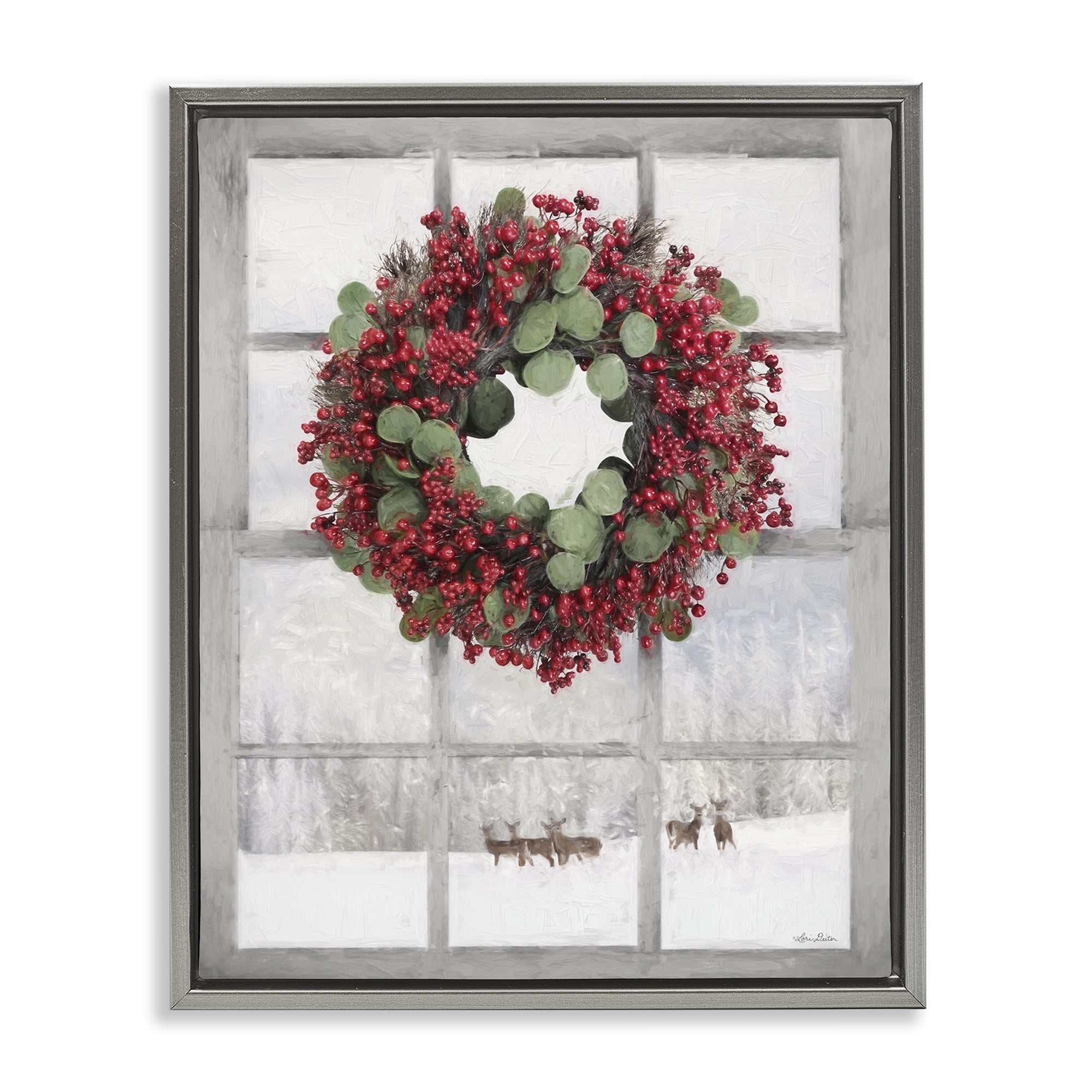 Stupell Industries Holly Wreath & Reindeer Holiday Painting Gray Floater Framed Art Print Wall Art, 17 x 21