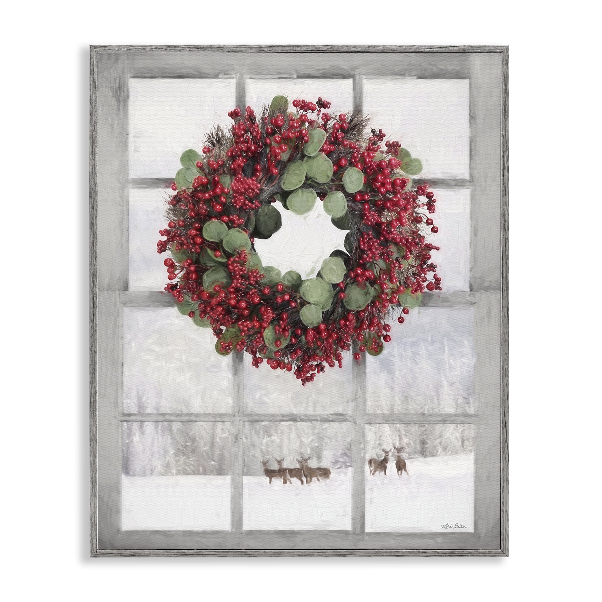 Stupell Industries Holly Wreath & Reindeer Holiday Painting Gray Framed Art Print Wall Art, 24 x 30