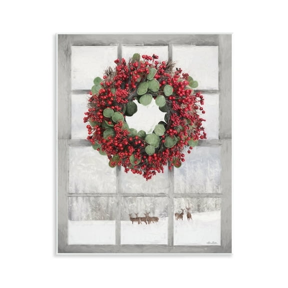 Stupell Industries Holly Wreath & Reindeer Holiday Painting Unframed Art Print Wall Art, 11 x 14