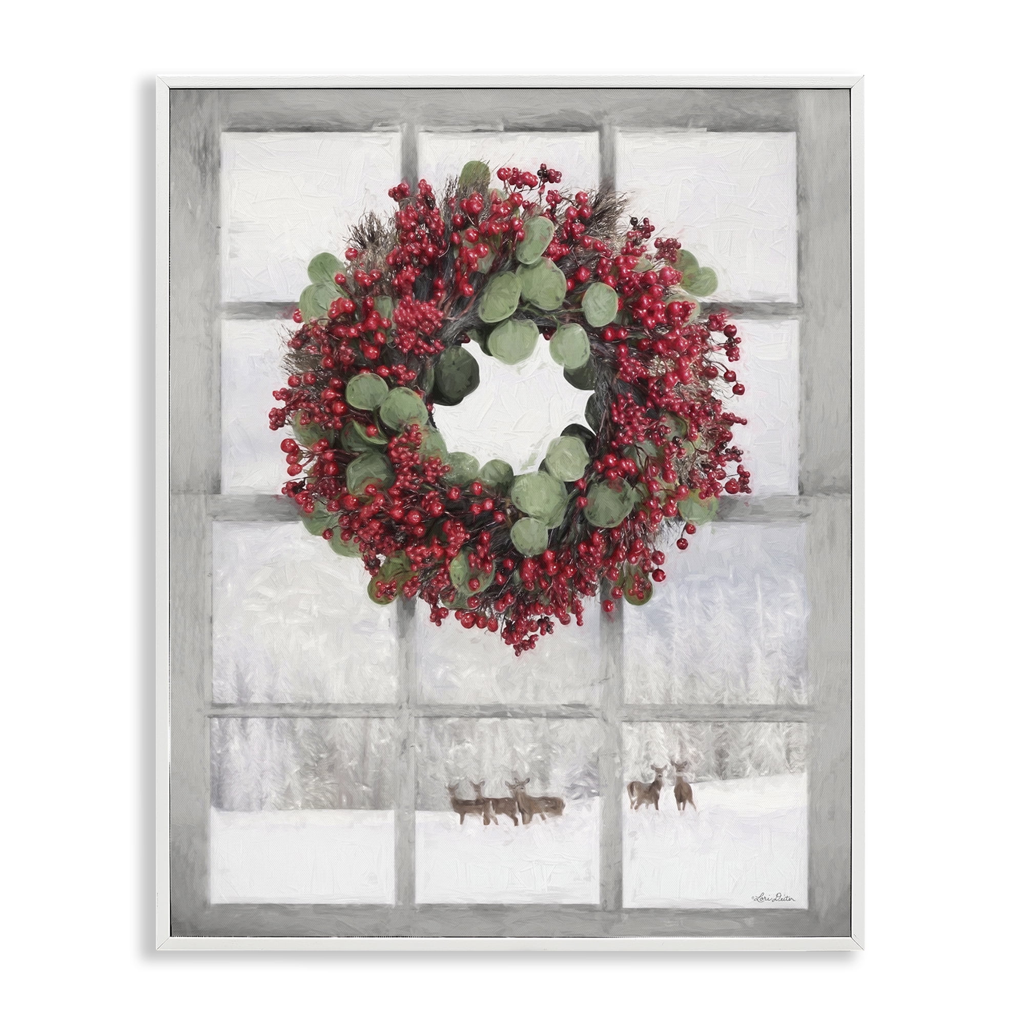 Stupell Industries Holly Wreath & Reindeer Holiday Painting White Framed Art Print Wall Art, 16 x 20