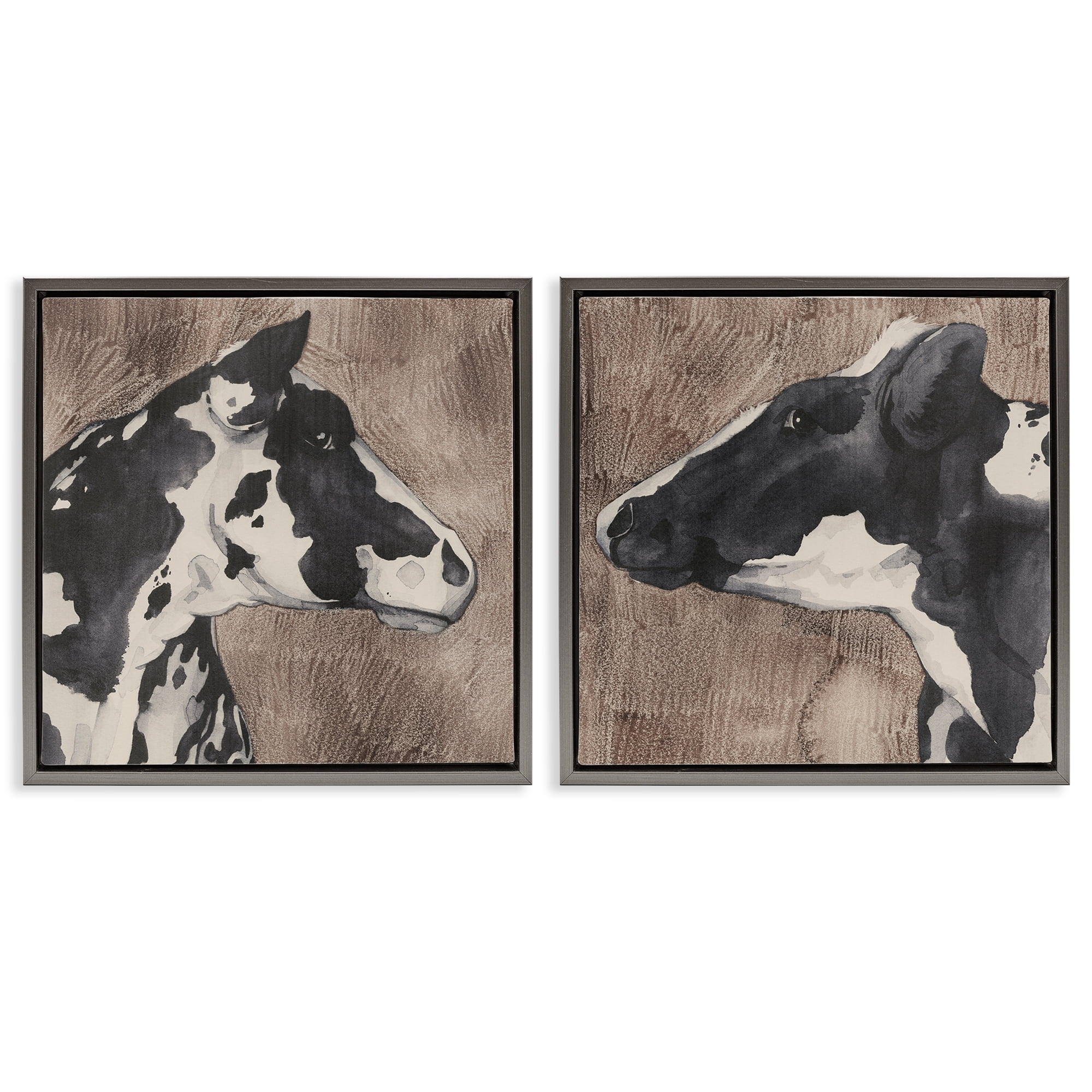 Stupell Industries Holstein Cow Portrait Profile Animals Painting Gray Floater Framed Canvas Art Print Wall Art, 18 x 18, Set of 2