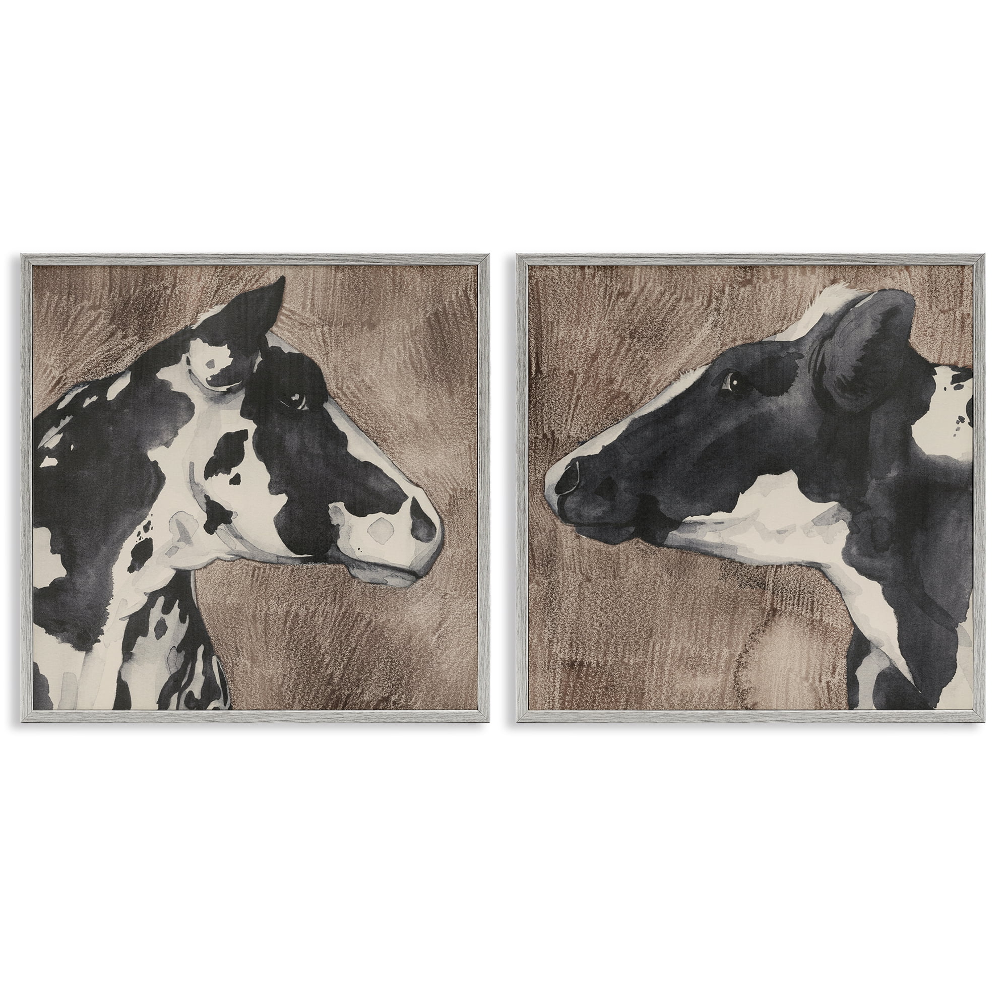 Stupell Industries Holstein Cow Portrait Profile Animals Painting Gray Framed Art Print Wall Art, 24 x 24, Set of 2