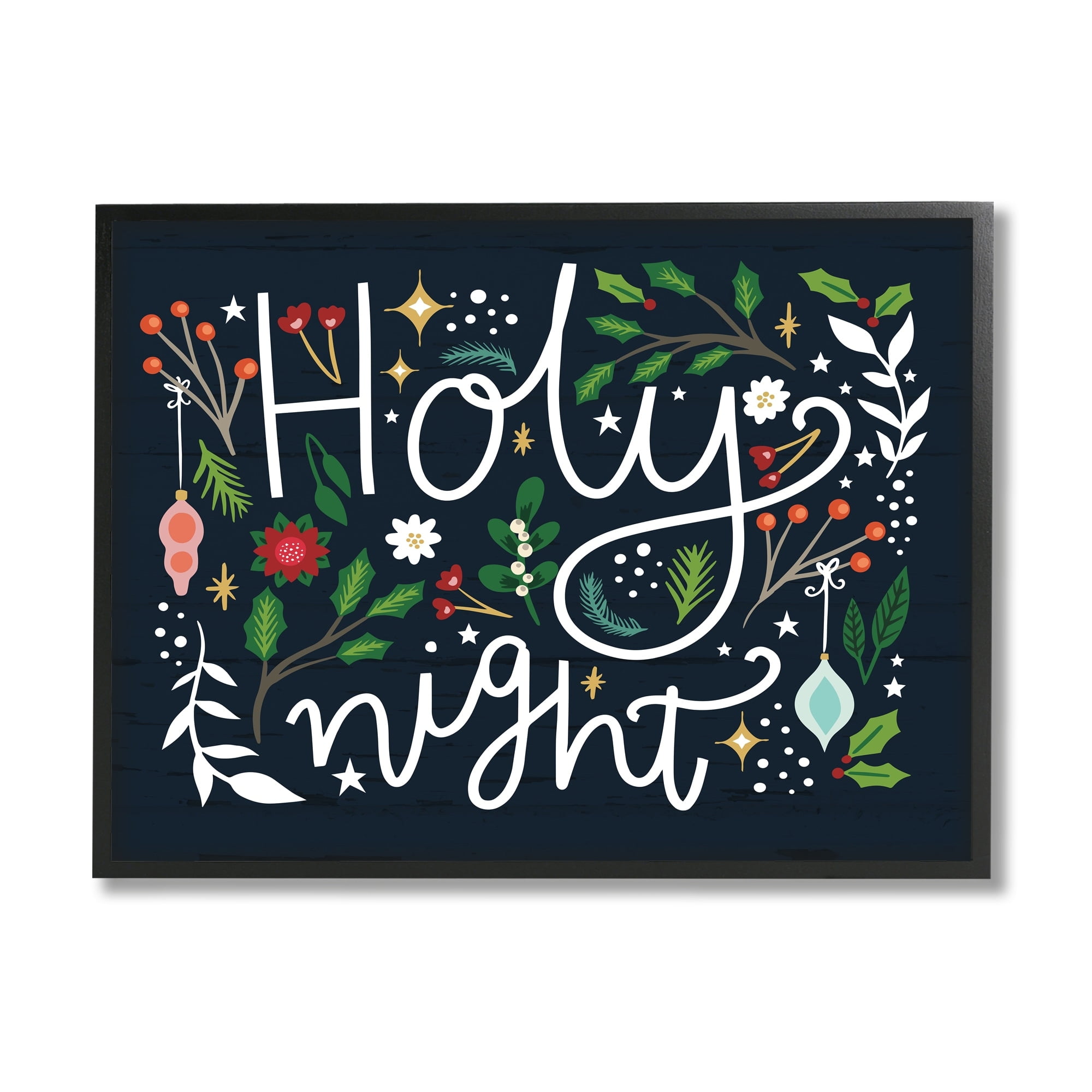 Stupell Industries Holy Night Modern Calligraphy Holiday Winter Botanicals Graphic Art Black Framed Art Print Wall Art, Design by Louise Allen