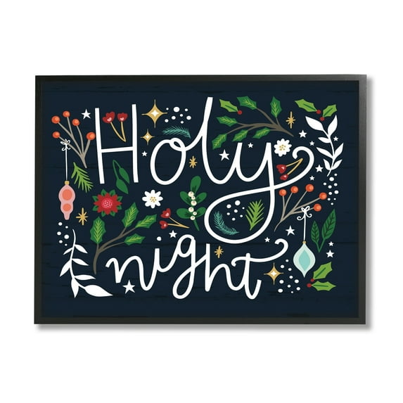 Stupell Industries Holy Night Modern Calligraphy Holiday Winter Botanicals Graphic Art Black Framed Art Print Wall Art, Design by Louise Allen