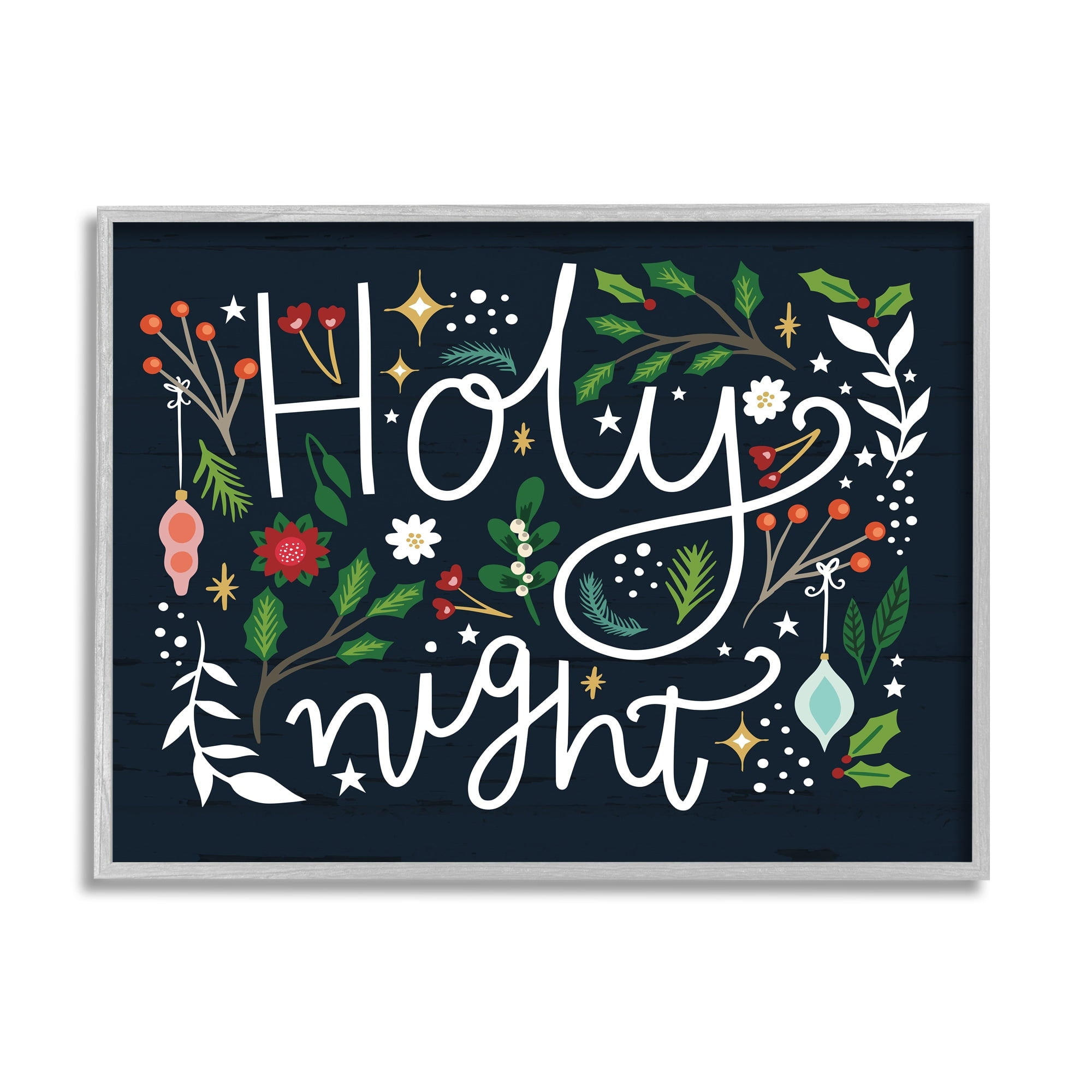 Stupell Industries Holy Night Modern Calligraphy Holiday Winter Botanicals Graphic Art Gray Framed Art Print Wall Art, Design by Louise Allen