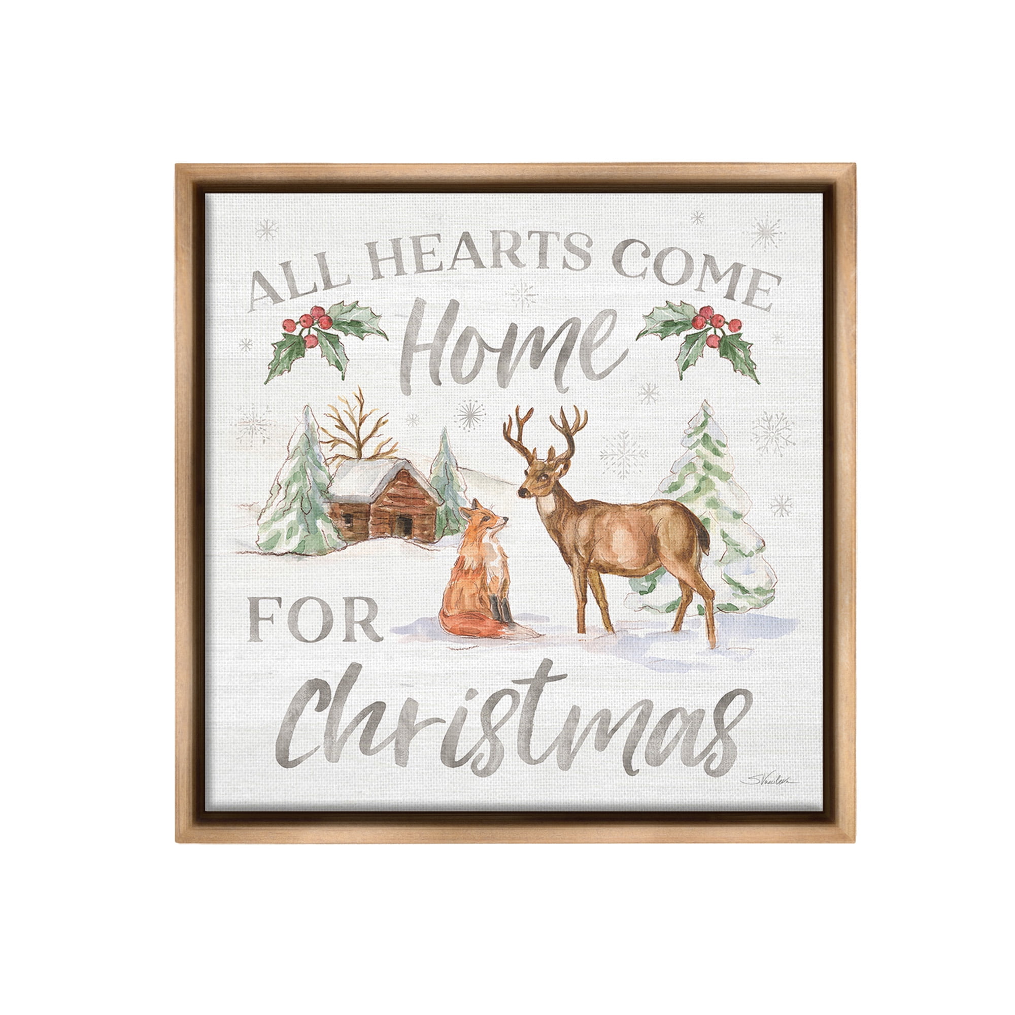 Stupell Industries Home For Christmas Phrase Holiday Painting Brown Floater Framed Canvas Art Print Wall Art, 25 x 25