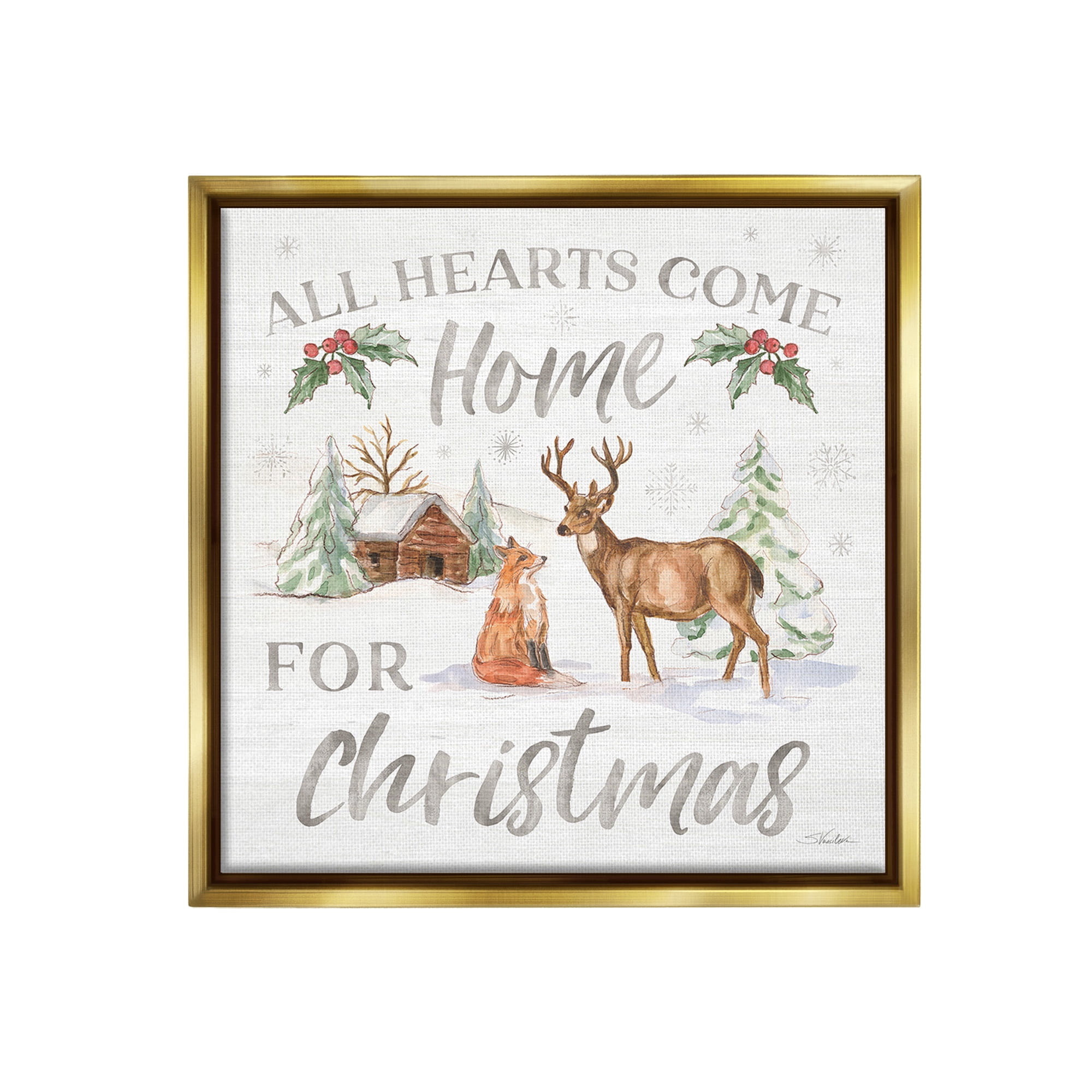 Stupell Industries Home For Christmas Phrase Holiday Painting Gold Floater Framed Canvas Art Print Wall Art, 25 x 25