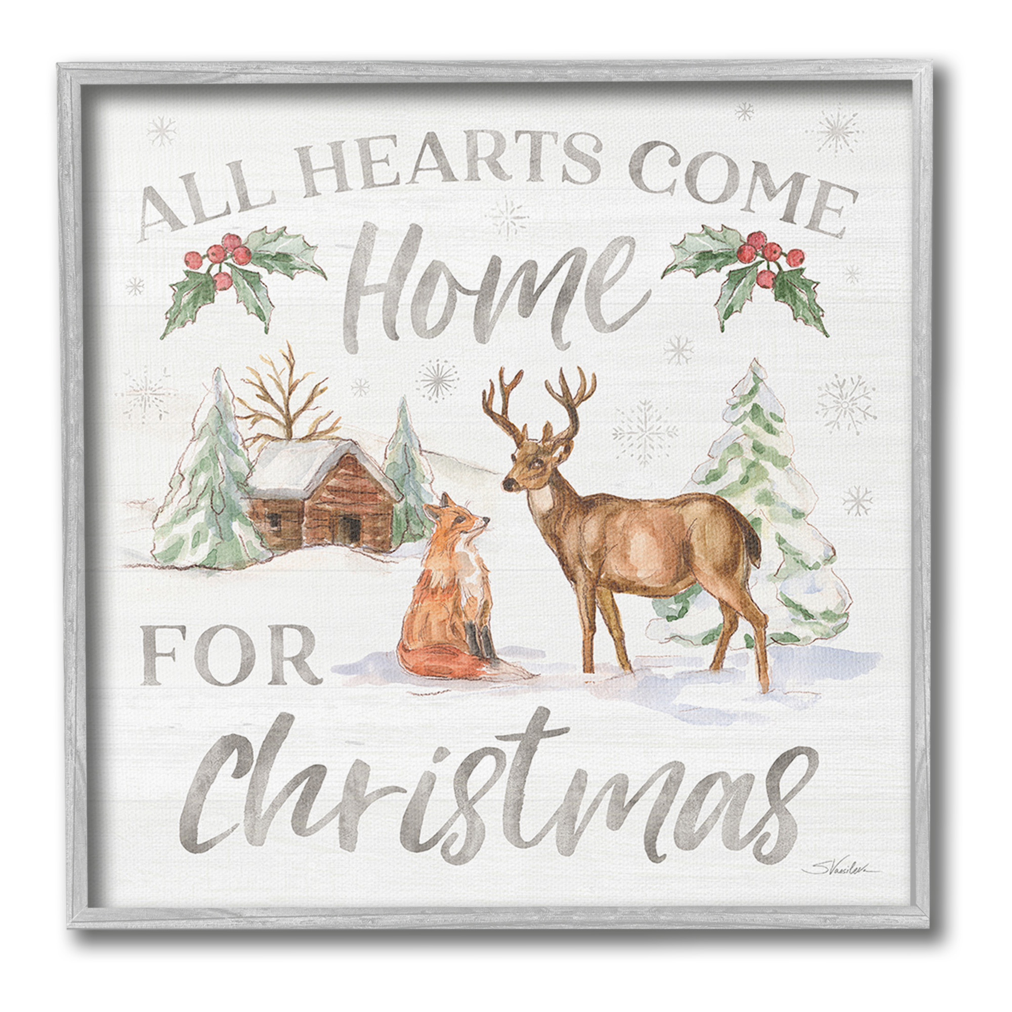 Stupell Industries Home For Christmas Phrase Holiday Painting Gray Framed Art Print Wall Art, 12 x 12
