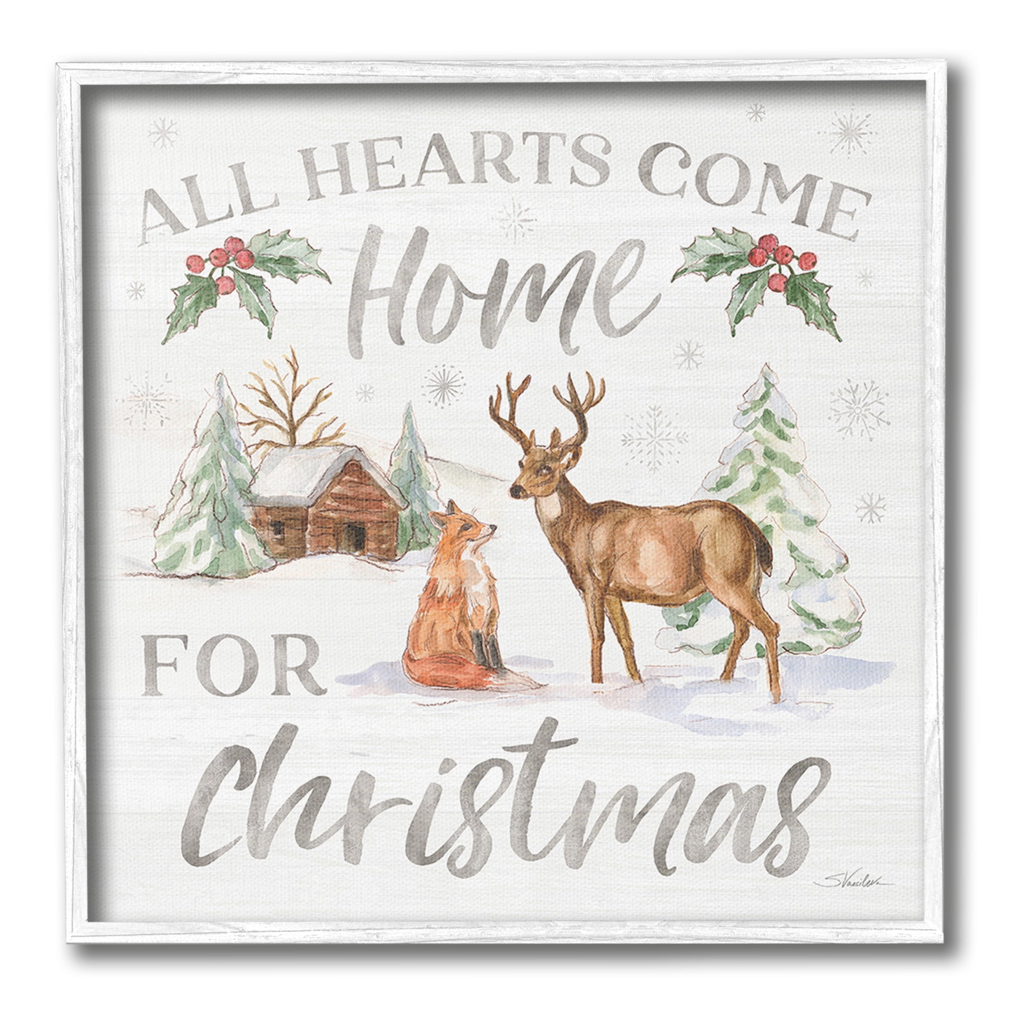 Stupell Industries Home For Christmas Phrase Holiday Painting White Framed Art Print Wall Art, 12 x 12