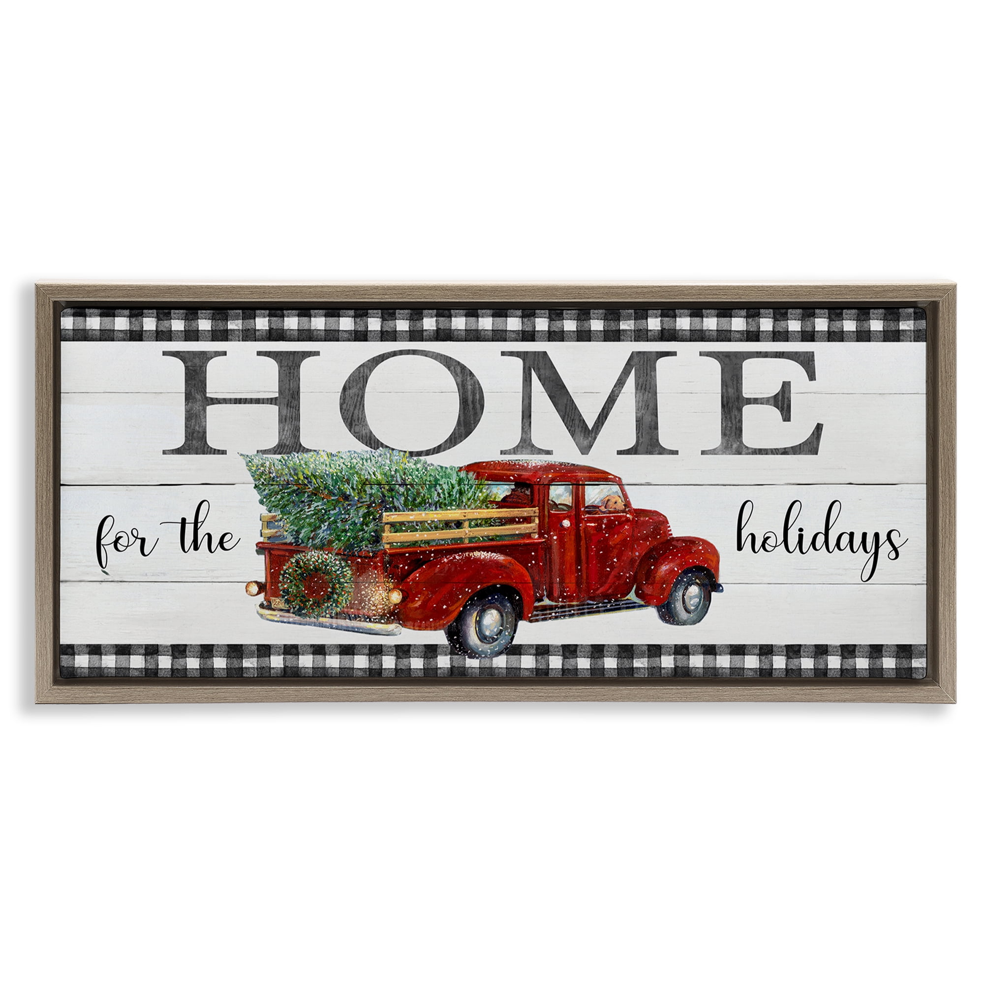 Stupell Industries Home For Holidays Truck Holiday Painting Brown Floater Framed Canvas Art Prints Wall Art, 31 x 14