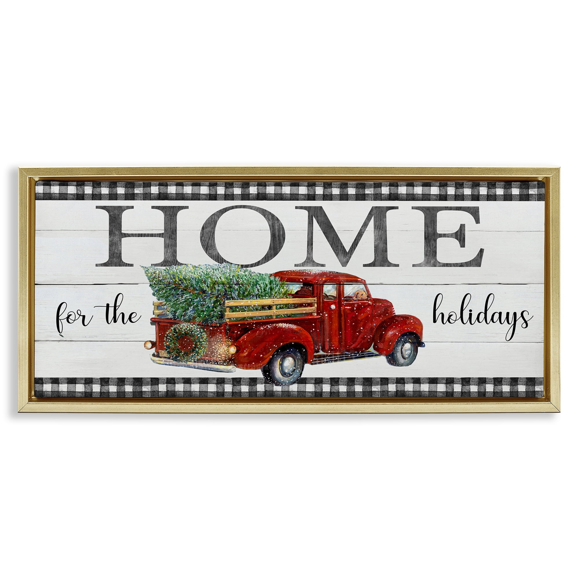 Stupell Industries Home For Holidays Truck Holiday Painting Gold Floater Framed Canvas Art Prints Wall Art, 31 x 14