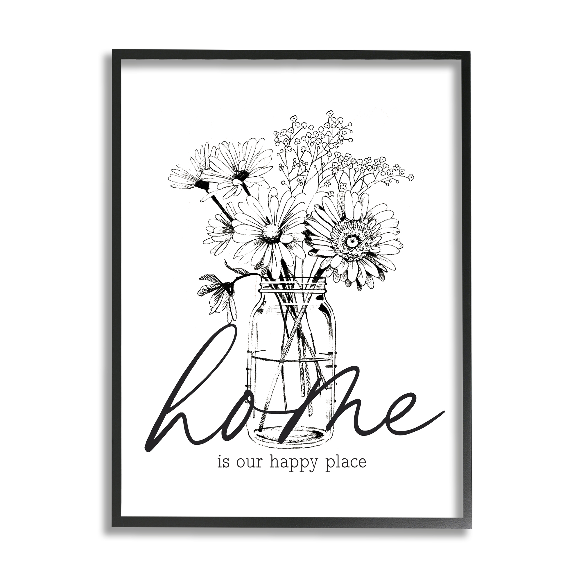 Stupell Industries Home Happy Place Flower Blossoms Jar Bouquet Graphic Art Black Framed Art Print Wall Art, Design by Lettered and Lined
