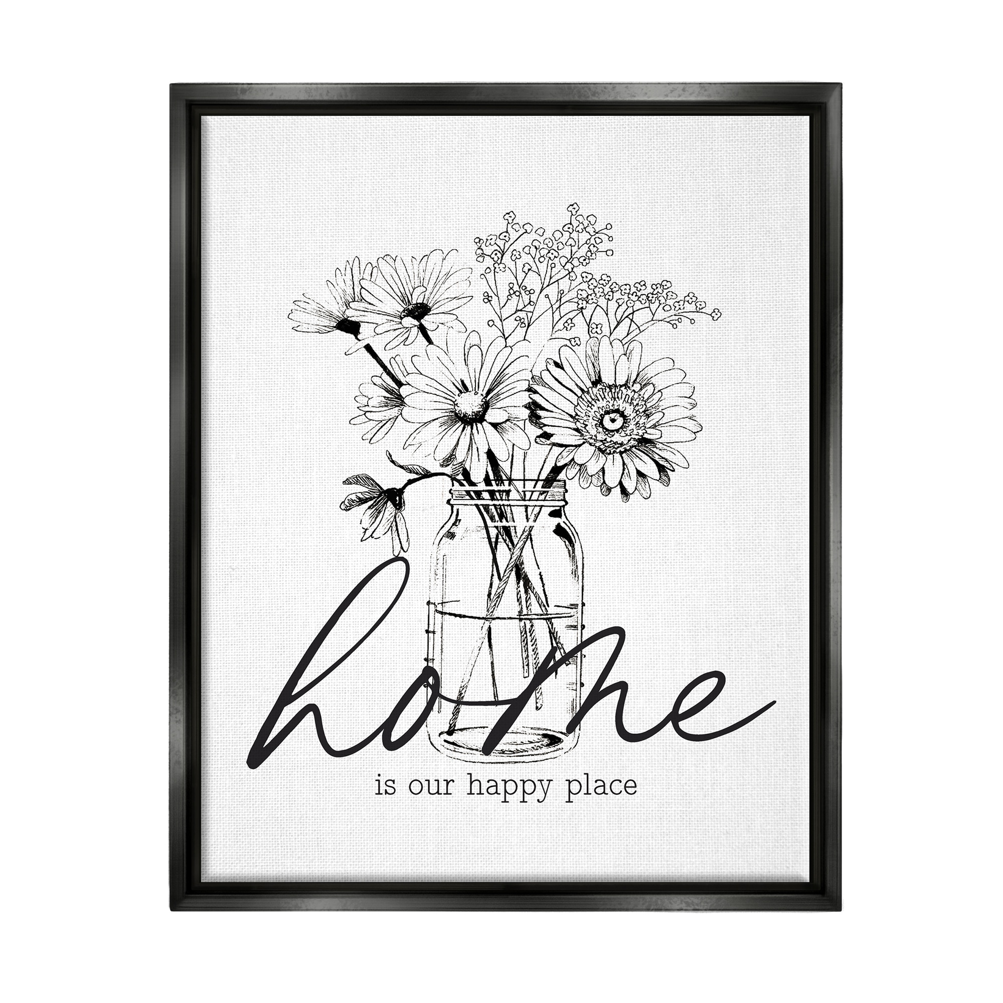 Stupell Industries Home Happy Place Flower Blossoms Jar Bouquet Graphic Art Jet Black Floating Framed Canvas Print Wall Art, Design by Lettered and Lined