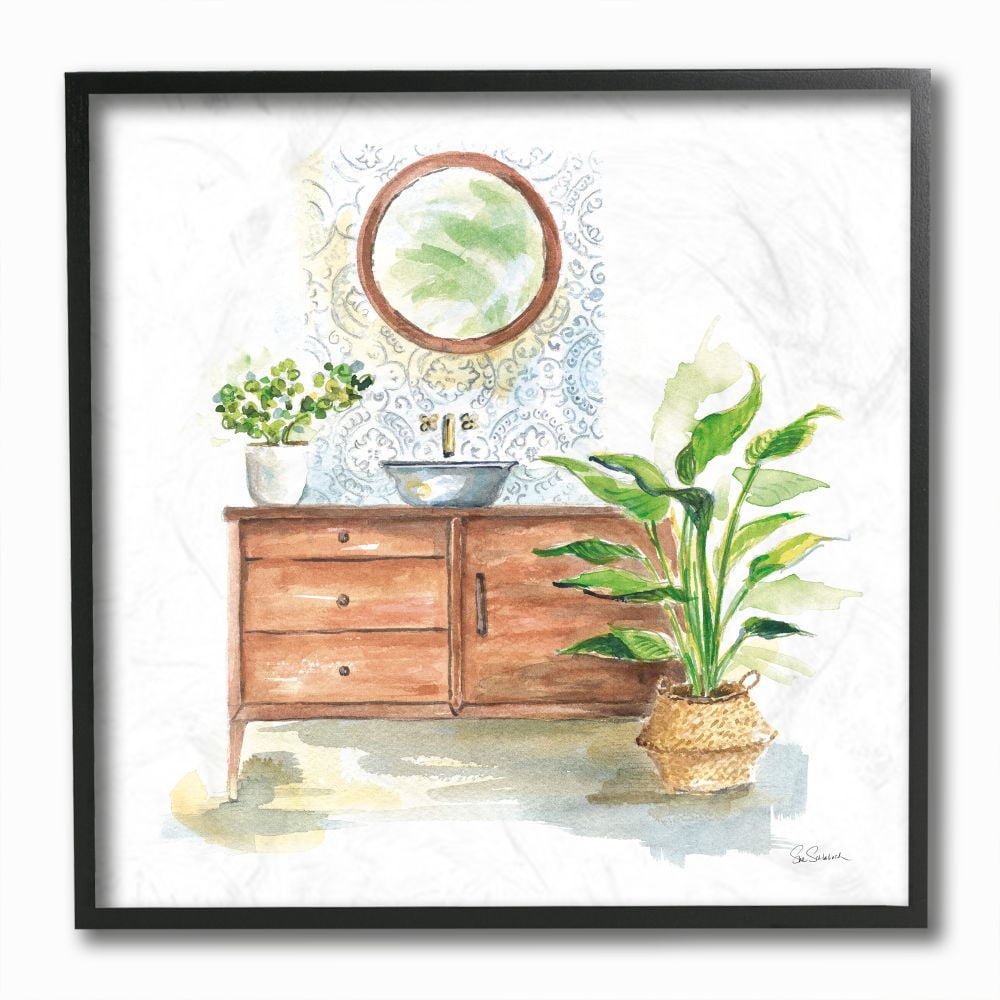 Stupell Industries Home Interior Bathroom Vanity Cabinets Blue Brown Painting Framed Wall Art Design by Sue Schlabach, 12" x 12", Black Framed