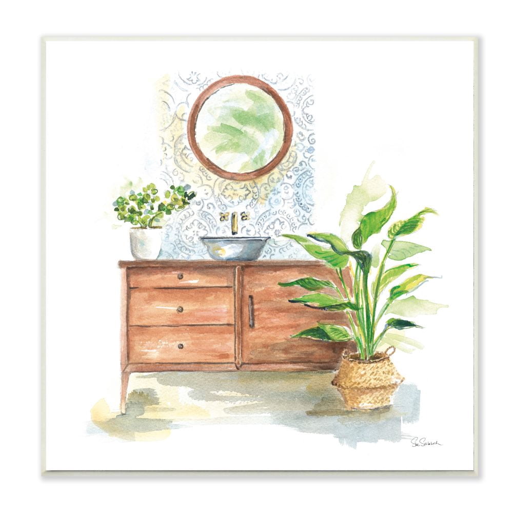 Stupell Industries Home Interior Bathroom Vanity Cabinets Blue Brown Painting Unframed Art Print Wall Art, 12x12, by Sue Schlabach