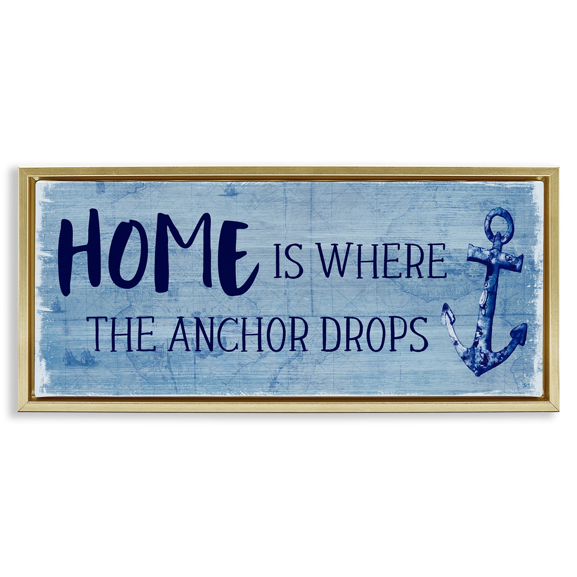 Stupell Industries Home Is Where Anchor Drops Nature Painting Gold Floater Framed Canvas Art Print Wall Art, 25 x 11