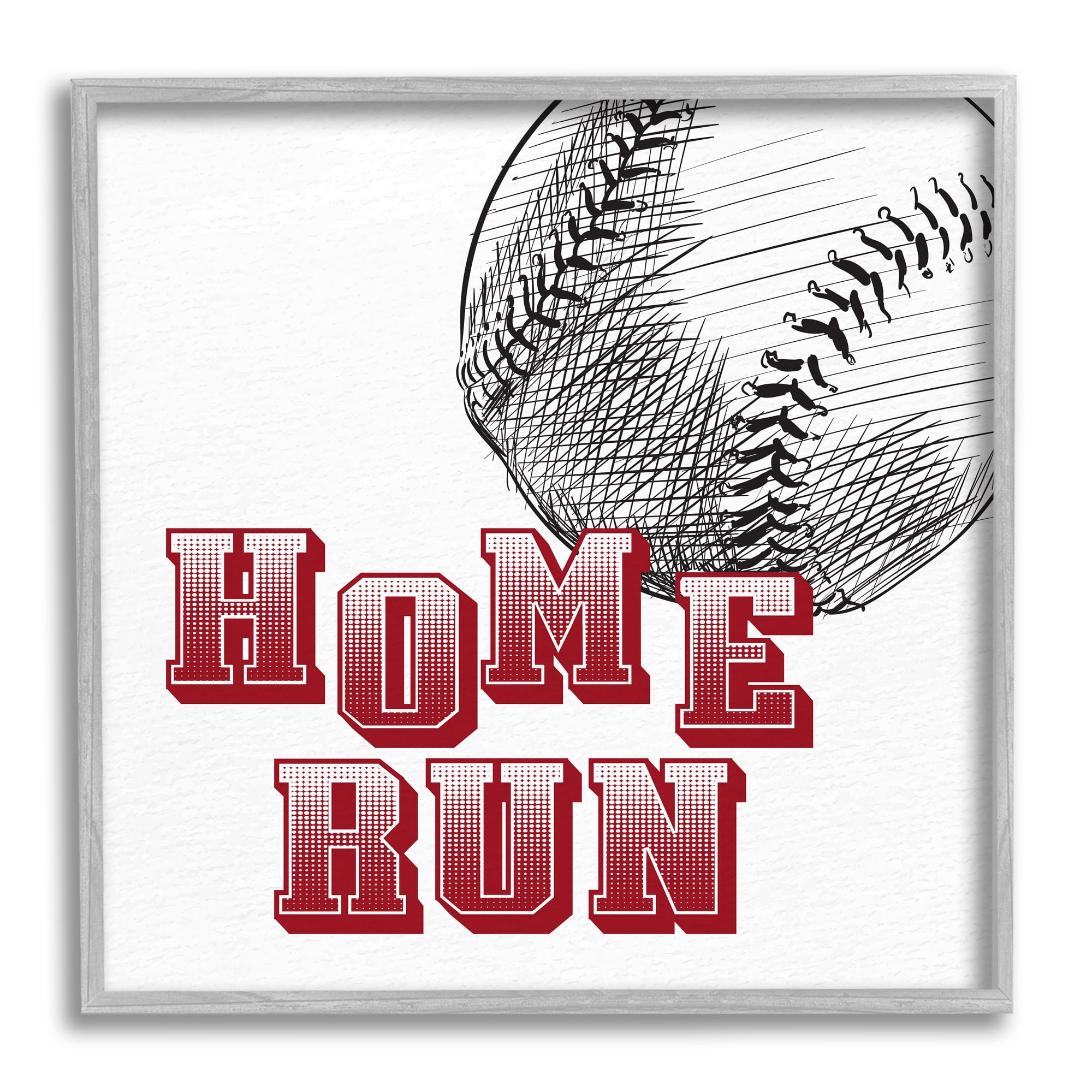 Stupell Industries Home Run Baseball Sports Ball Red Varsity Typography Sports Painting Gray Framed Art Print Wall Art, 12 x 12