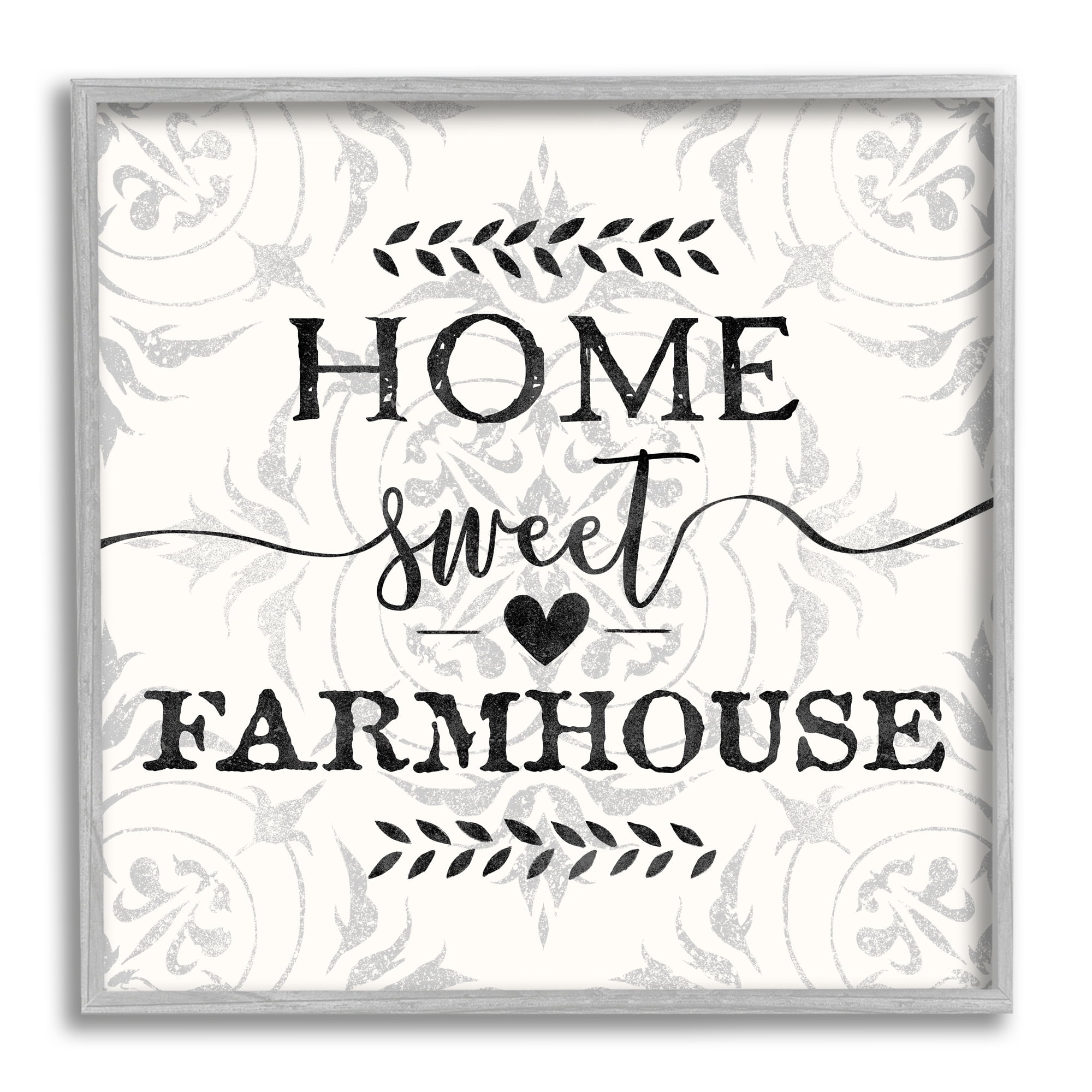Stupell Industries Home Sweet Farmhouse Soft Sentiment Damask Pattern Graphic Art Gray Framed Art Print Wall Art, 12x12, by Ziwei Li