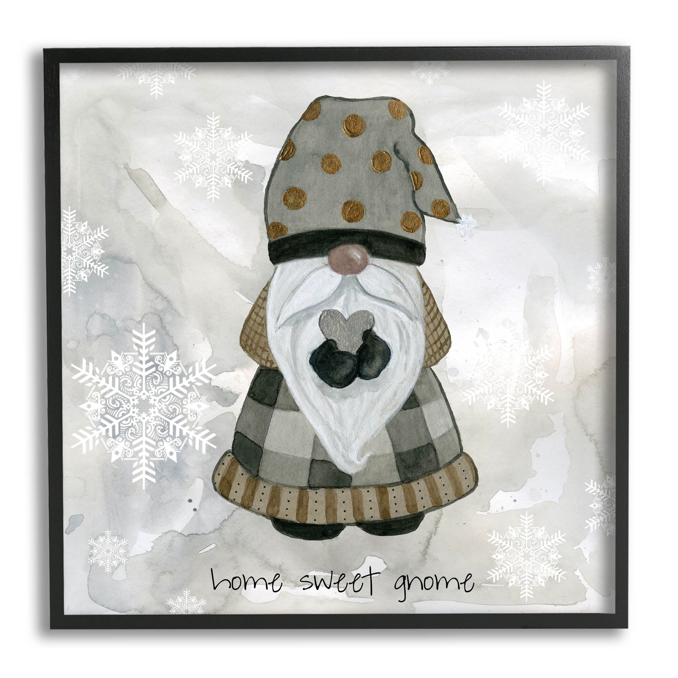 Stupell Industries Home Sweet Gnome Winter Snowflakes Graphic Art Black Framed Art Print Wall Art, Design by Livi Finn