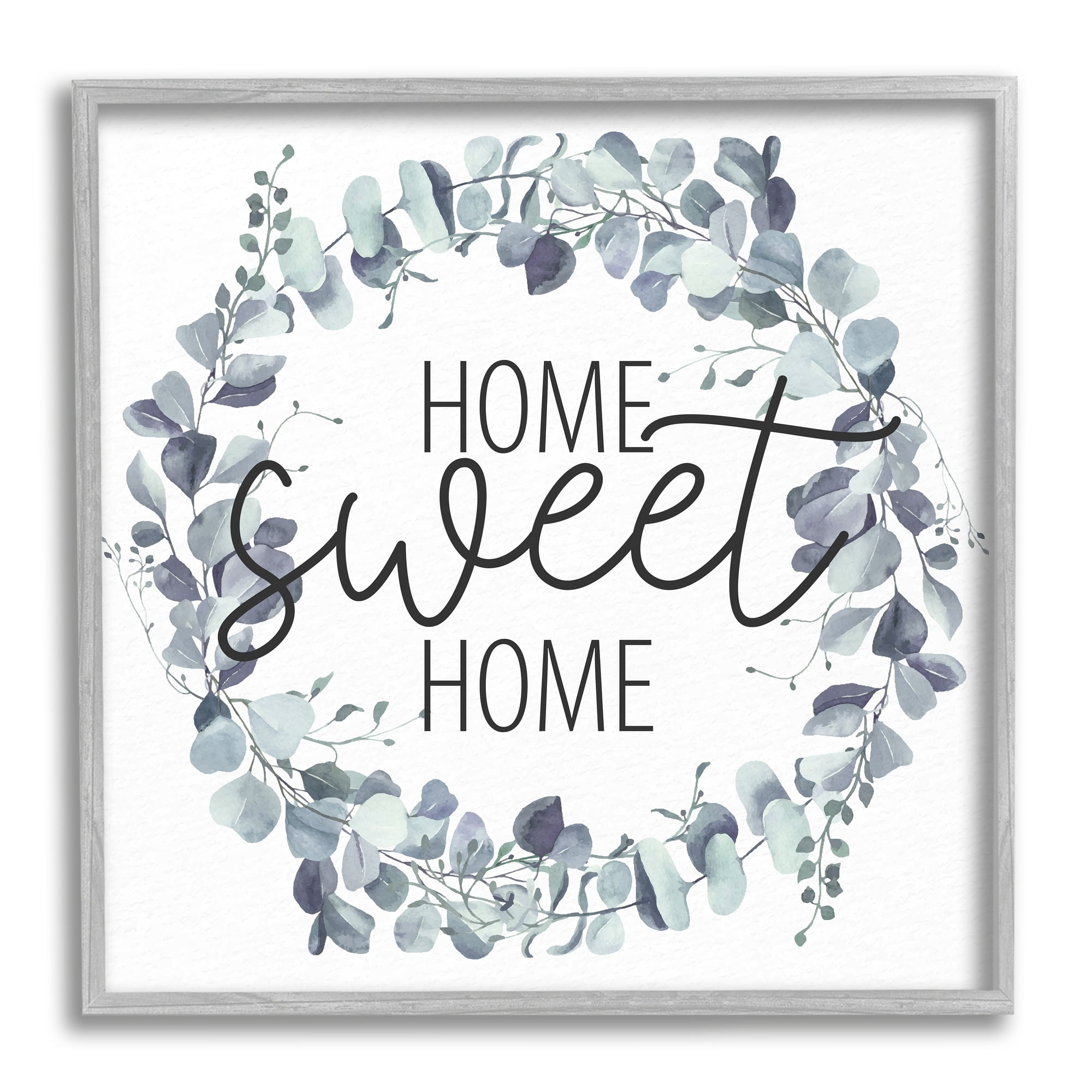 Stupell Industries Home Sweet Home Greeting Blue Green Eucalyptus Plant Wreath Graphic Art Gray Framed Art Print Wall Art, 24x24, by Kim Allen