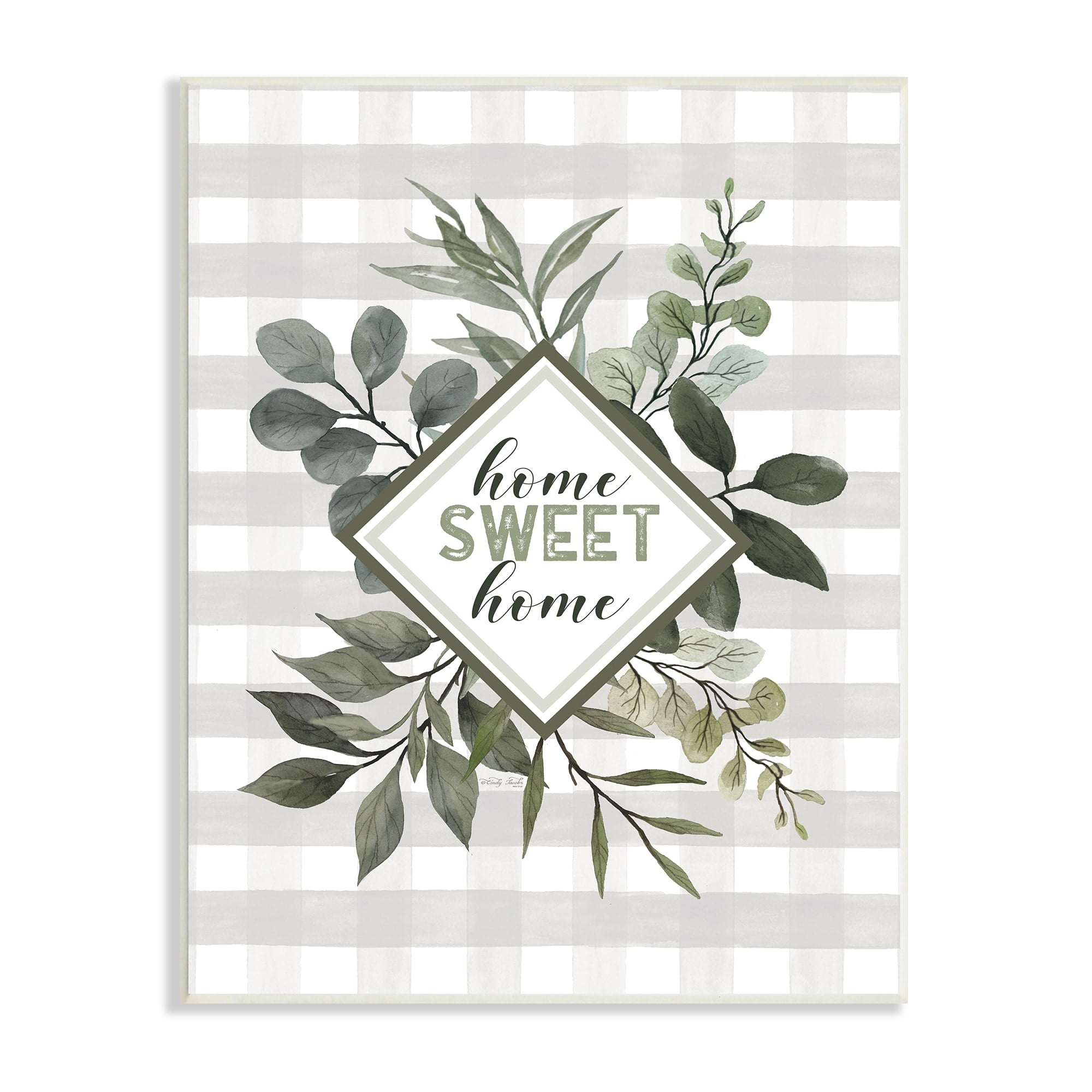 Stupell Industries Home Sweet Home Phrase Green Botanicals Plaid Pattern, 10 x 15,Design by Cindy Jacobs