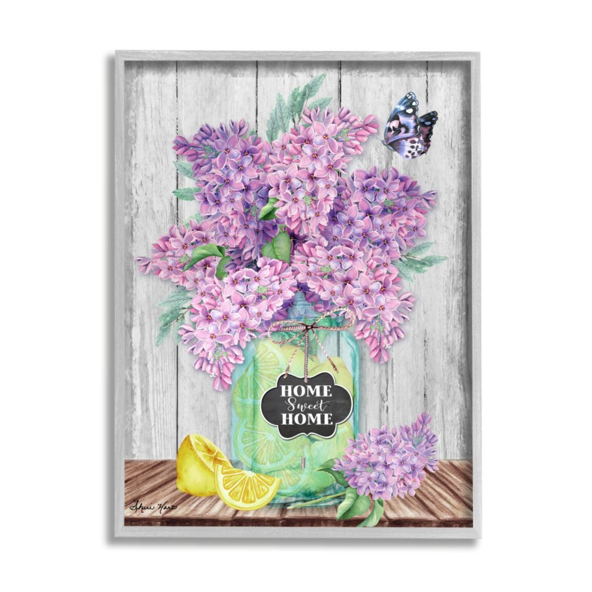 Stupell Industries Home Sweet Home Phrase Lilac Flowers Citrus Jar Design by Sheri Hart, 11" x 14", Gray Framed