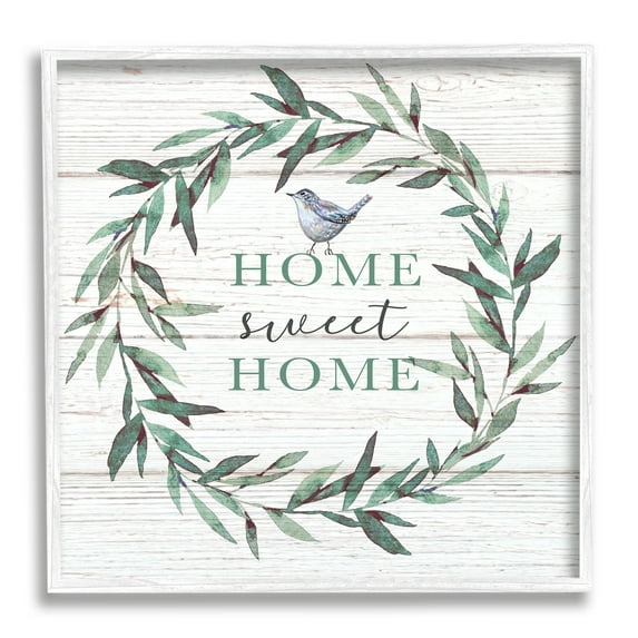 Stupell Industries Home Sweet Home Sentiment Green Fern Wreath Blue Bird, 12 x 12, Designed by Elizabeth Tyndall