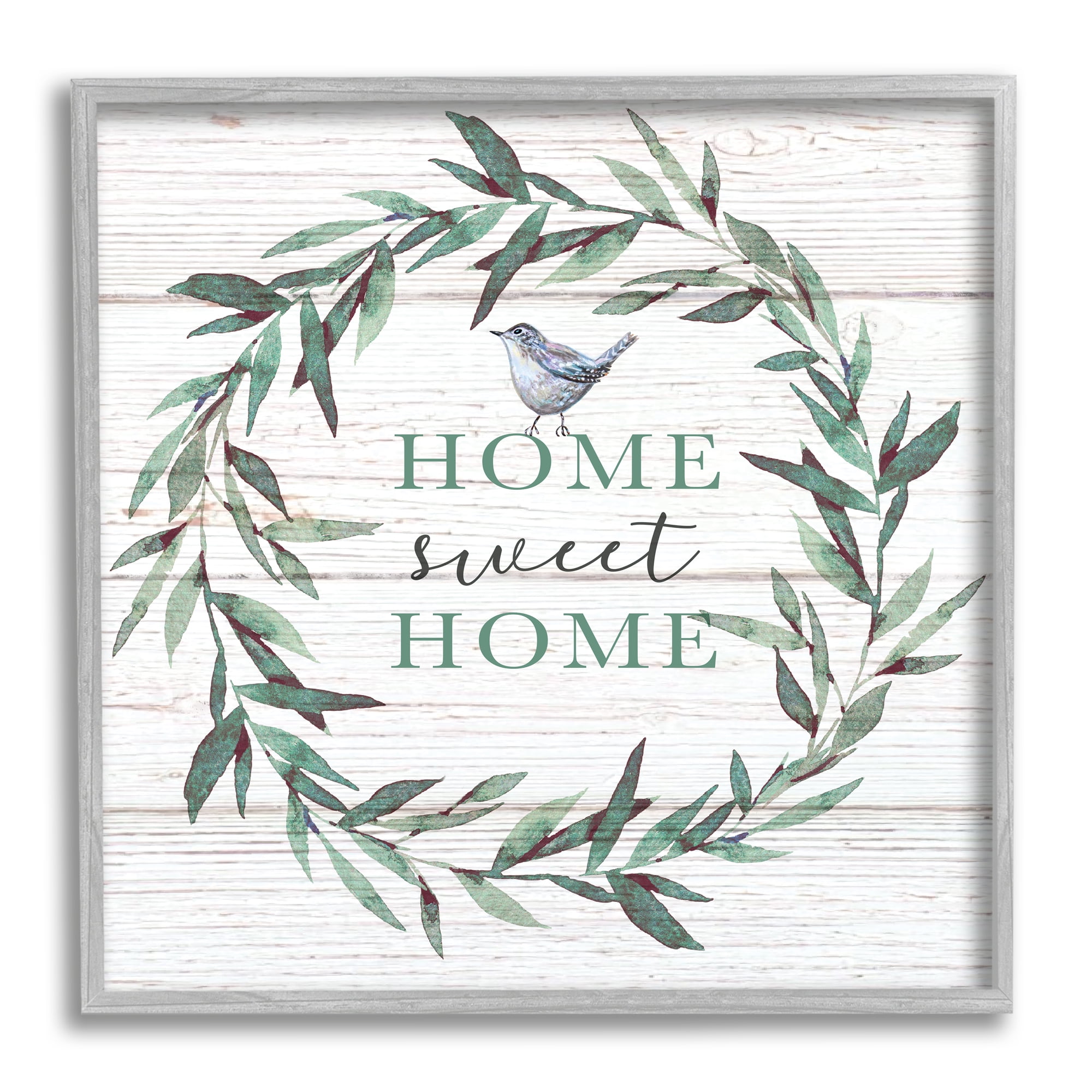 Stupell Industries Home Sweet Home Sentiment Green Fern Wreath Blue Bird, 24 x 24, Designed by Elizabeth Tyndall