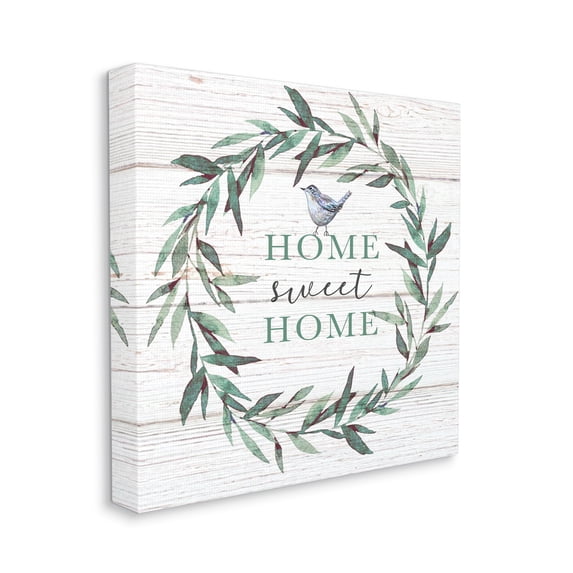 Stupell Industries Home Sweet Home Sentiment Green Fern Wreath Blue Bird, 36 x 36, Designed by Elizabeth Tyndall