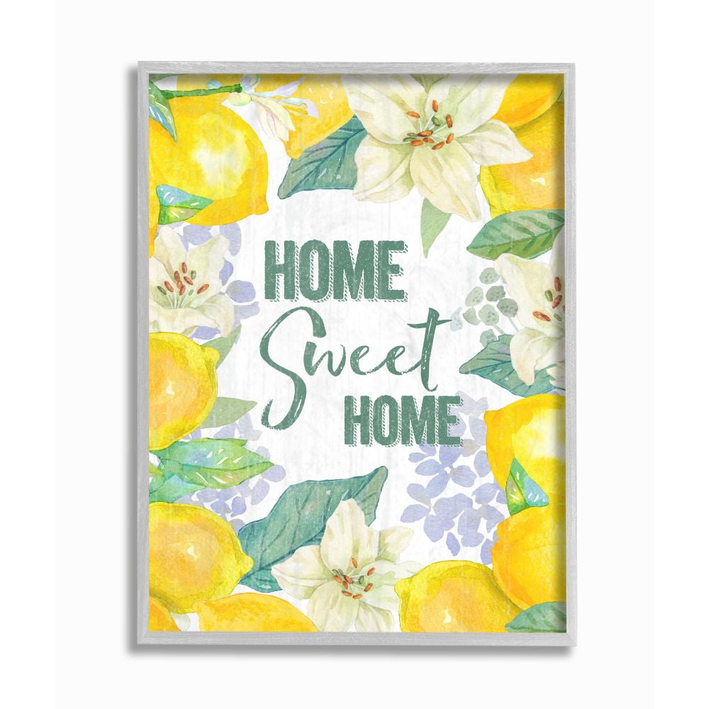 Stupell Industries Home Sweet Home Summer Floral and Lemon Citrus Inspirational Painting Gray Framed Art Print Wall Art, 16 x 20
